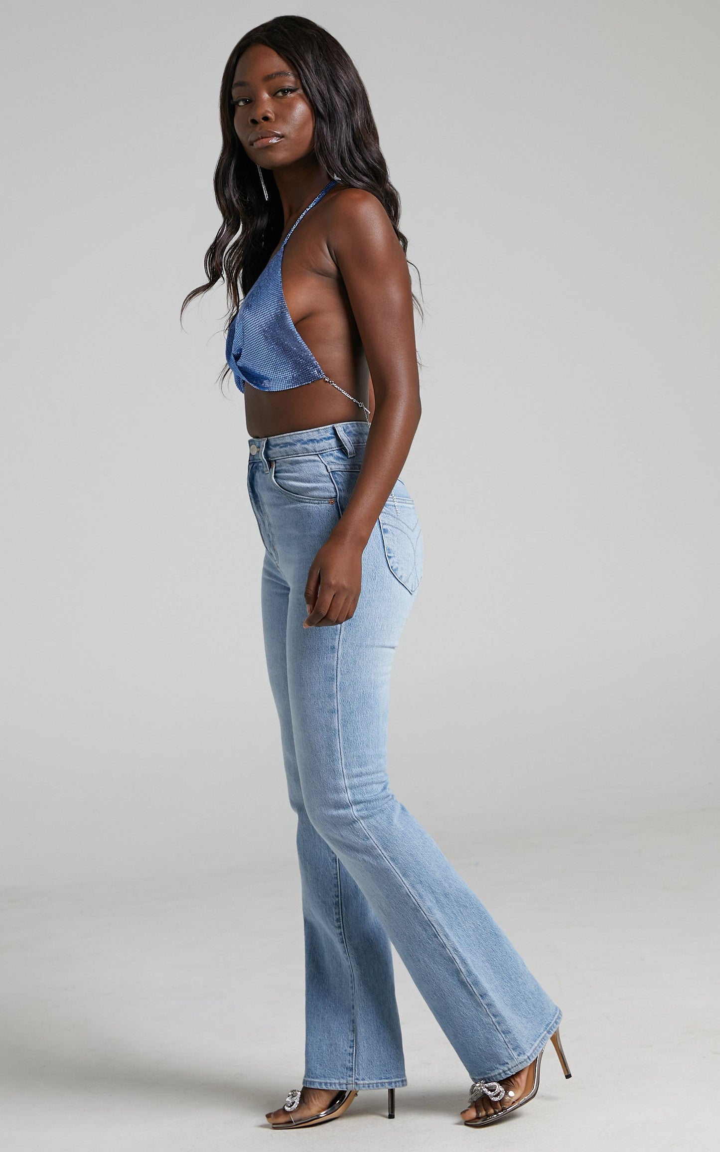 Shimmy Twist Front Mesh Halter Crop Top in Blue