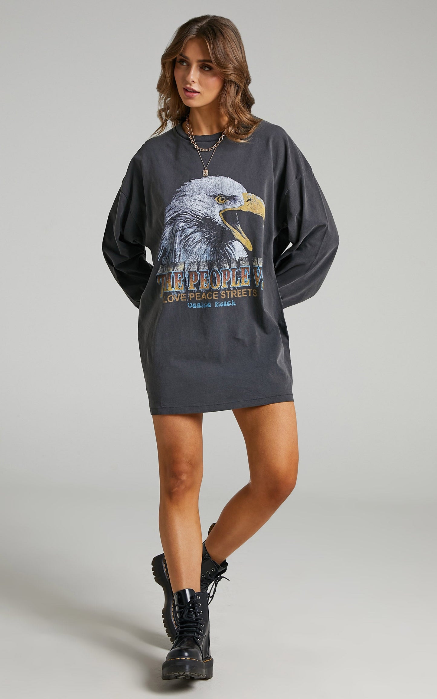 The People Vs - Eagle Week Longsleeve Tee Dress in Vintage Black