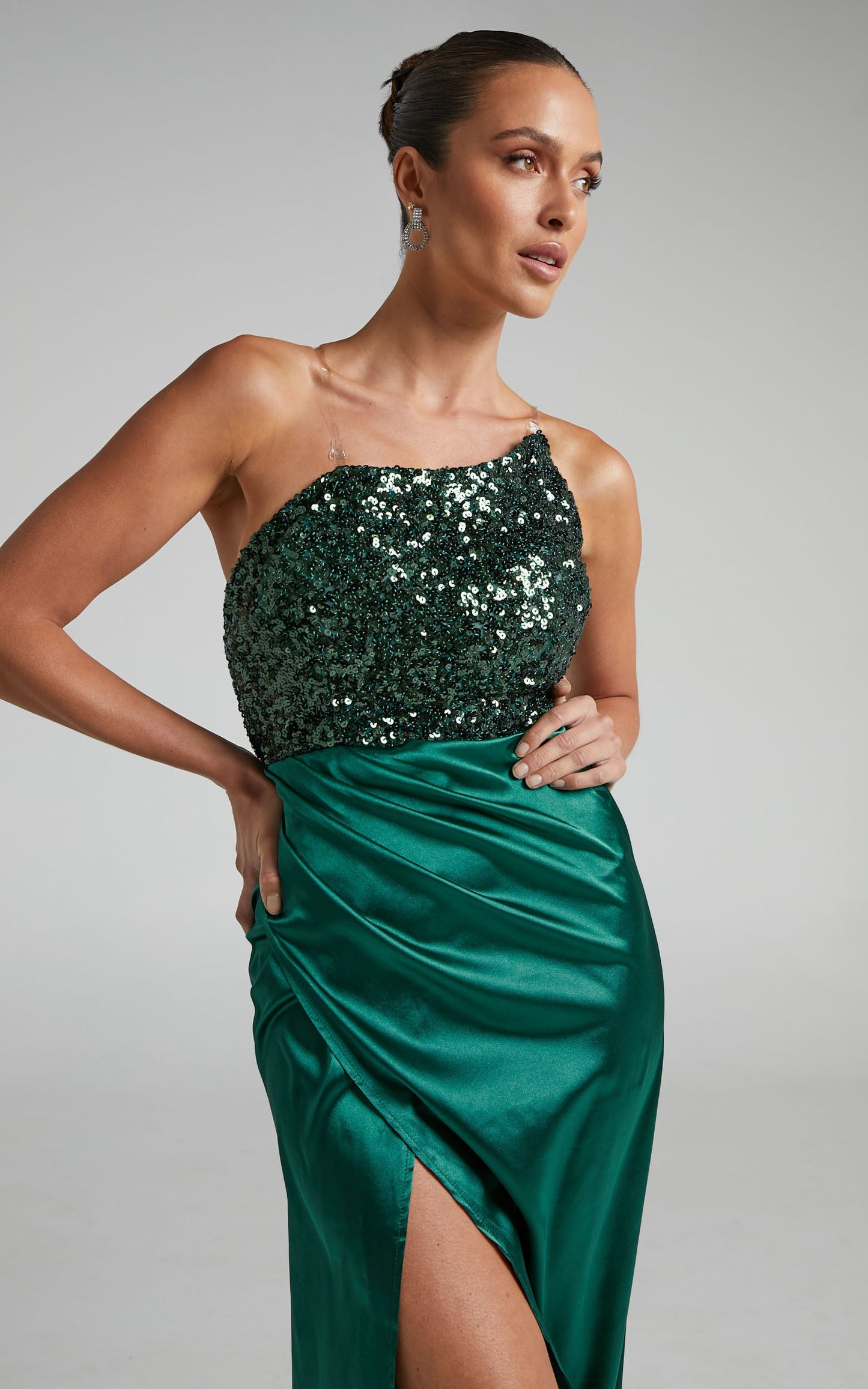 Tiffania Maxi Dress - High Split Asymmetric Sequin Bodice Strapless Dress in Emerald