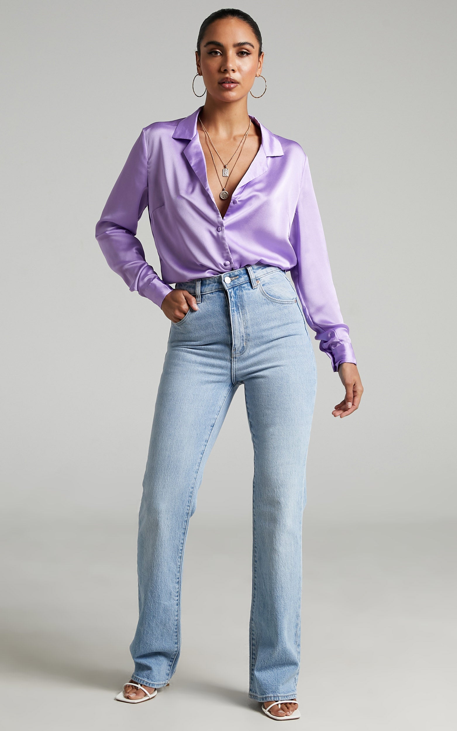 Tinna Shirt - Longsleeve Satin Collared Button Up Shirt in Lilac