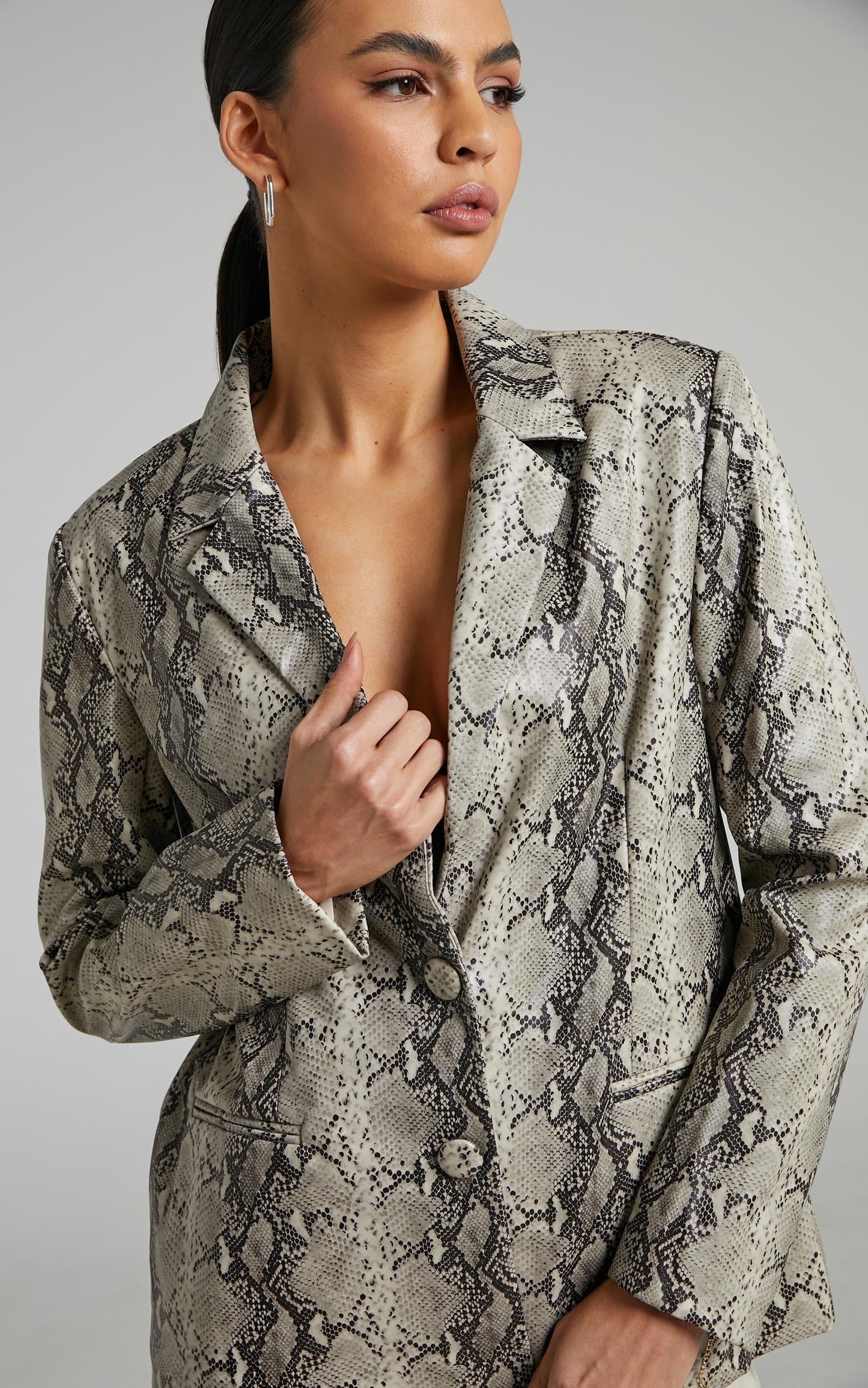 Tyanne Blazer - Faux Leather Snake Print Blazer in Nude Snake