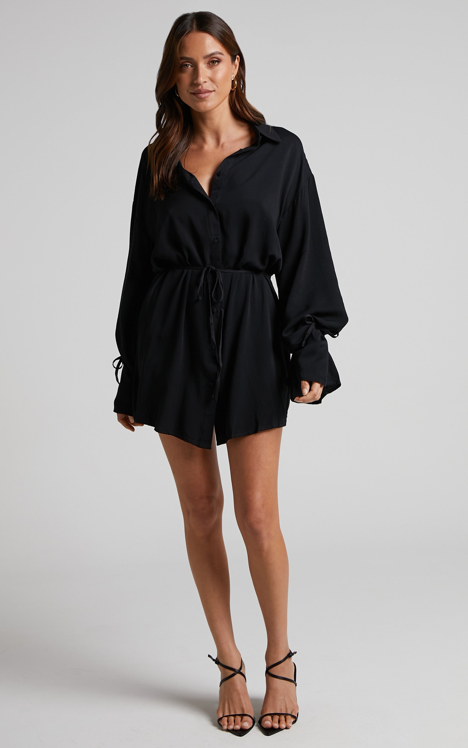 Wynter Mini Dress - Waist Tie Shirt Dress in Black