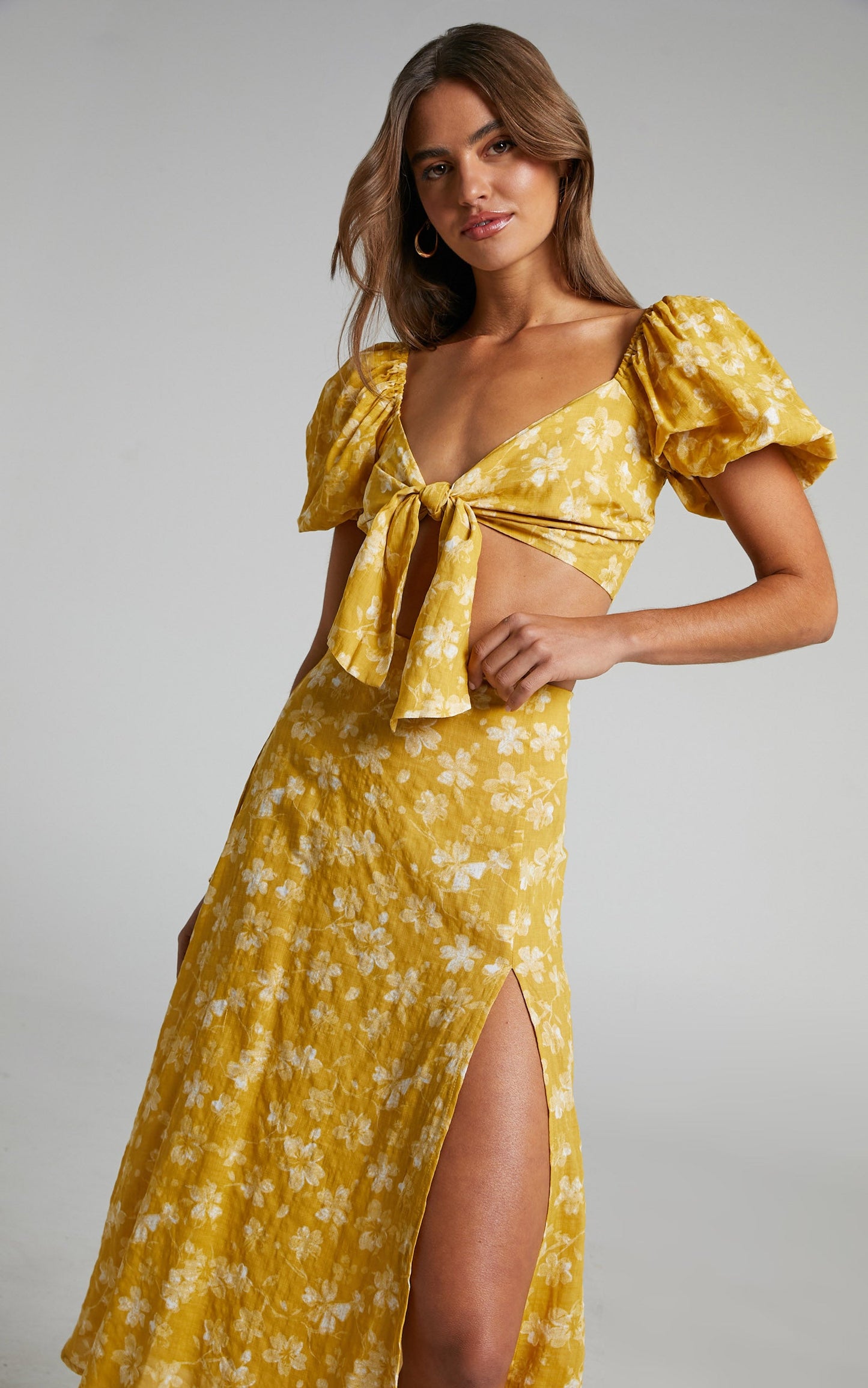 Zilda Linen Tie Front Crop Top and Midi Skirt Two Piece Set in Yellow Floral