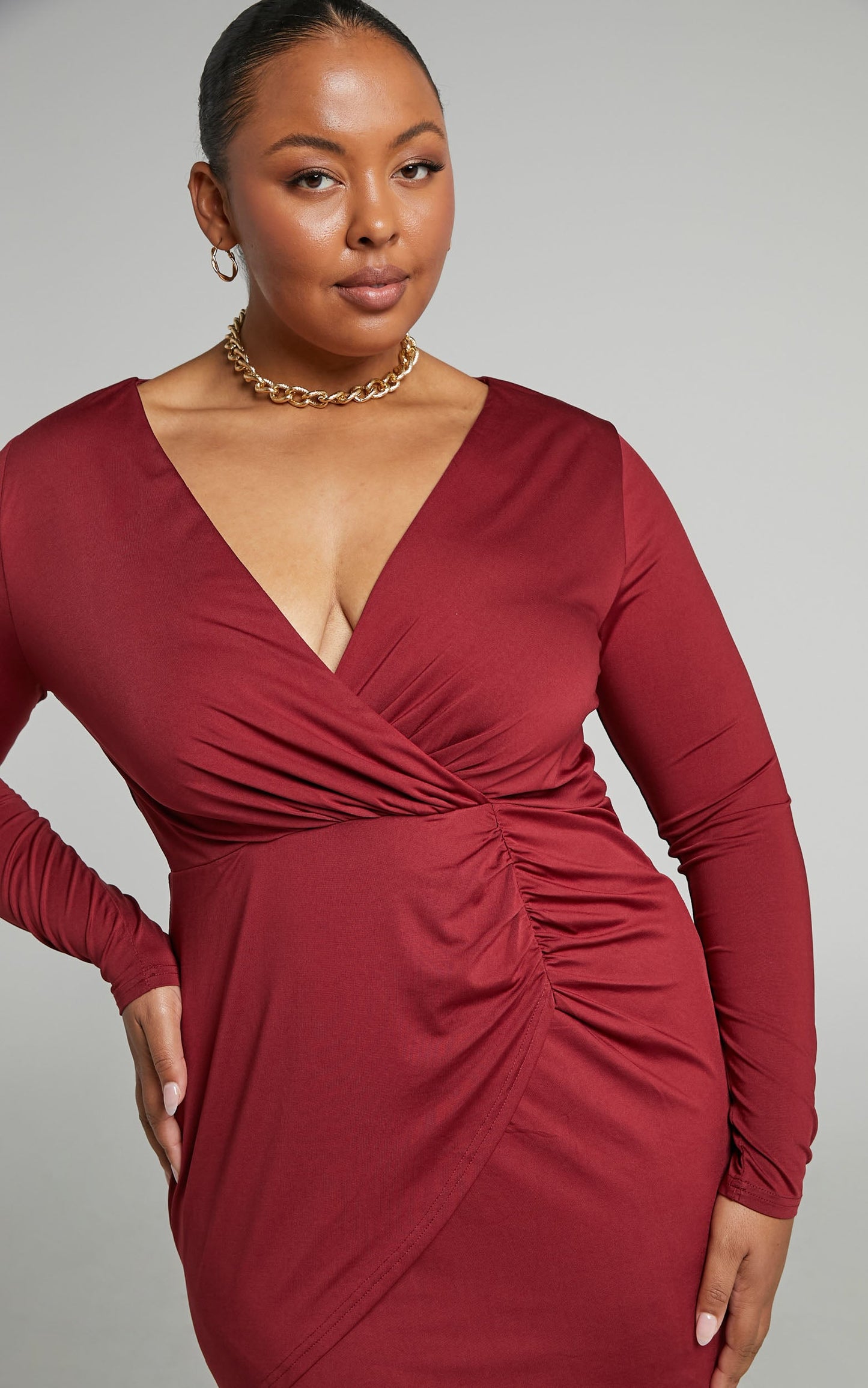 Zoza Mini Dress - Ruched Long Sleeve Tulip Hem Dress in Berry