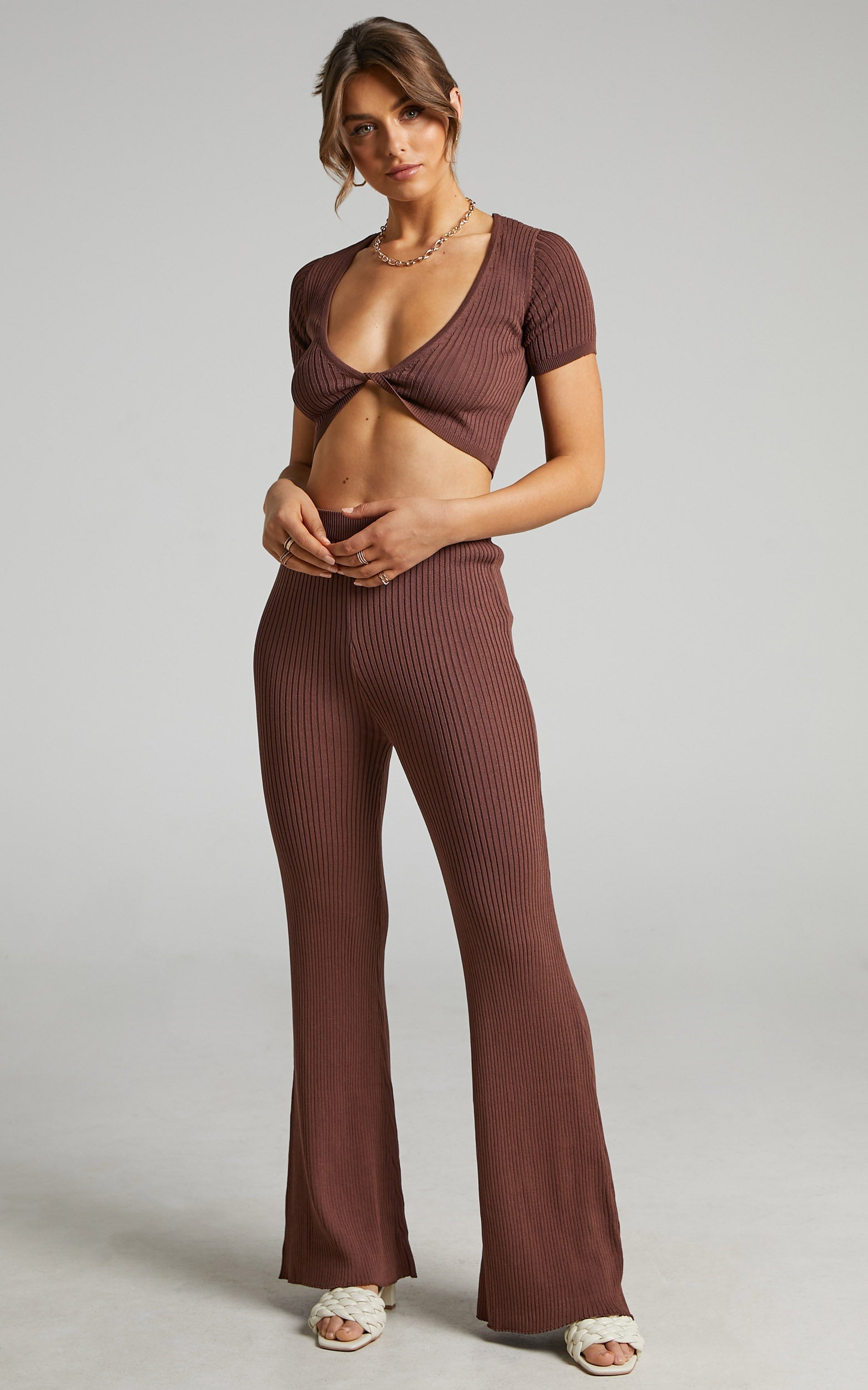 Zyanya Ribbed Cropped Two Piece Set in Chocolate