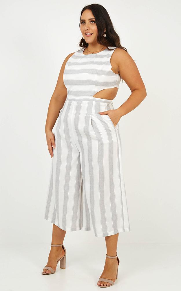 Out Dream Yourself Jumpsuit In Grey Stripe  Linen Look