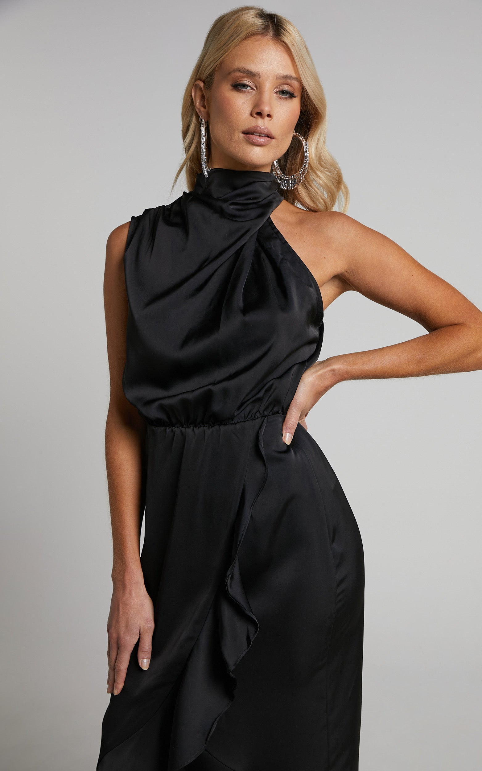 Billie Midi Dress - High Neck Drape Frill Hem Dress in Black
