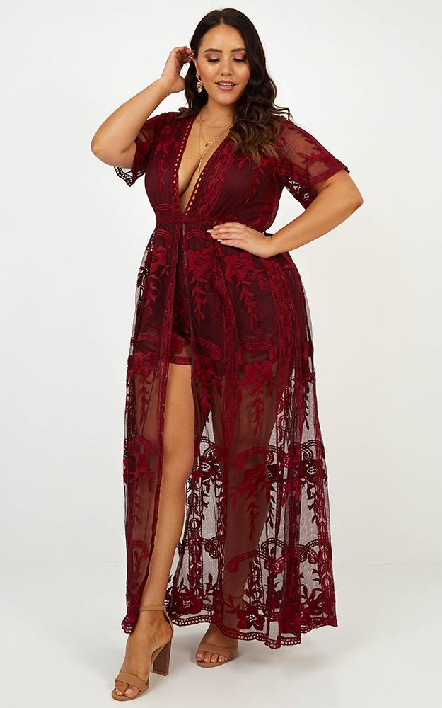 Lets Get Loud Maxi Playsuit in Wine Lace