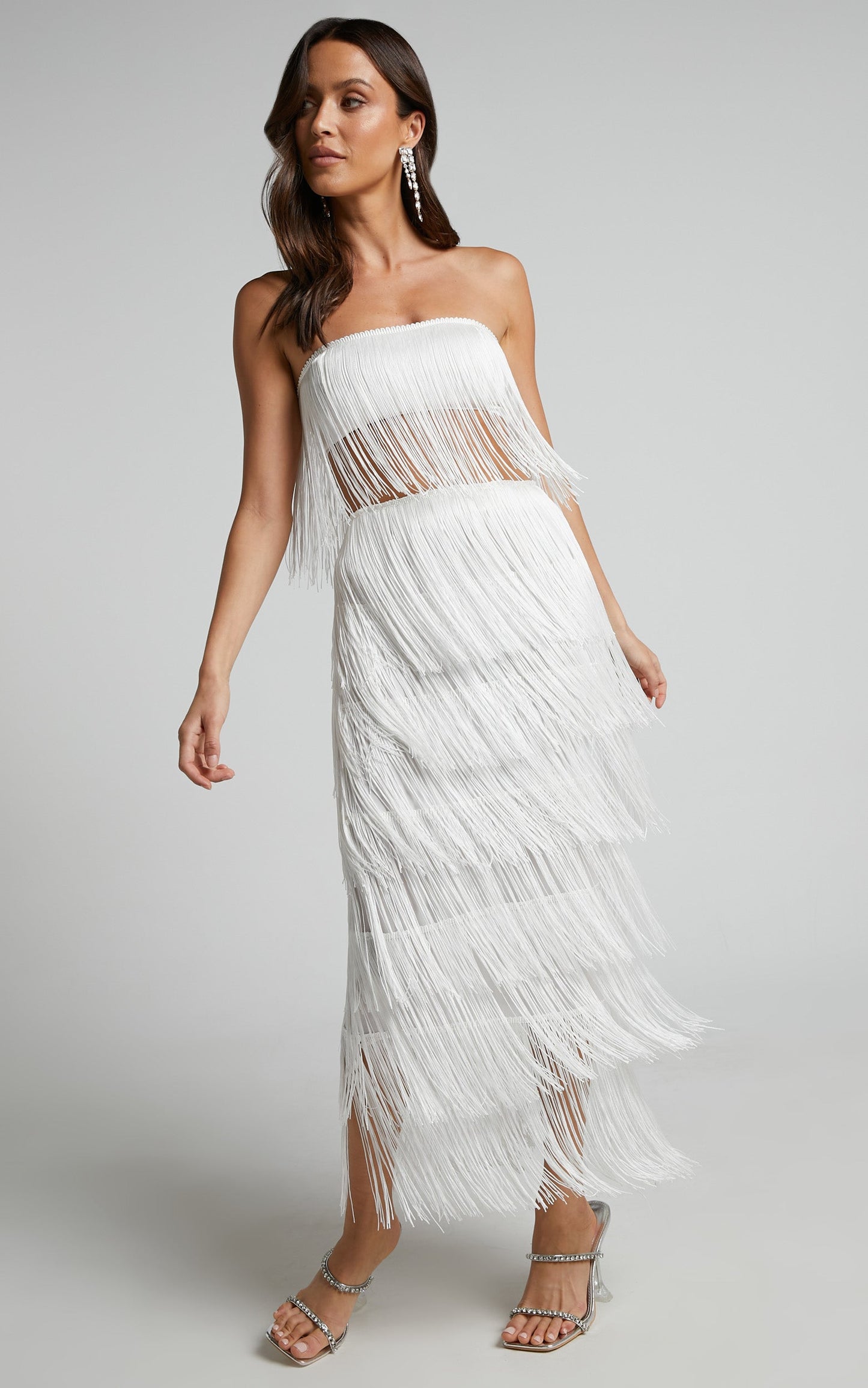 Amalee Two Piece Set - Fringe Strapless Crop Top and Midi Skirt Set in White