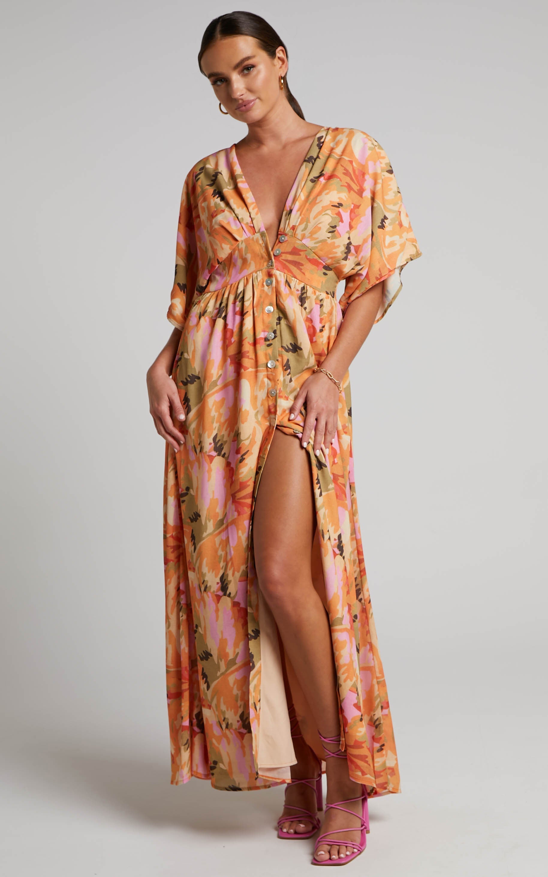 Heira Midi Dress - Flutter Sleeve Button Down Dress in Palm Print