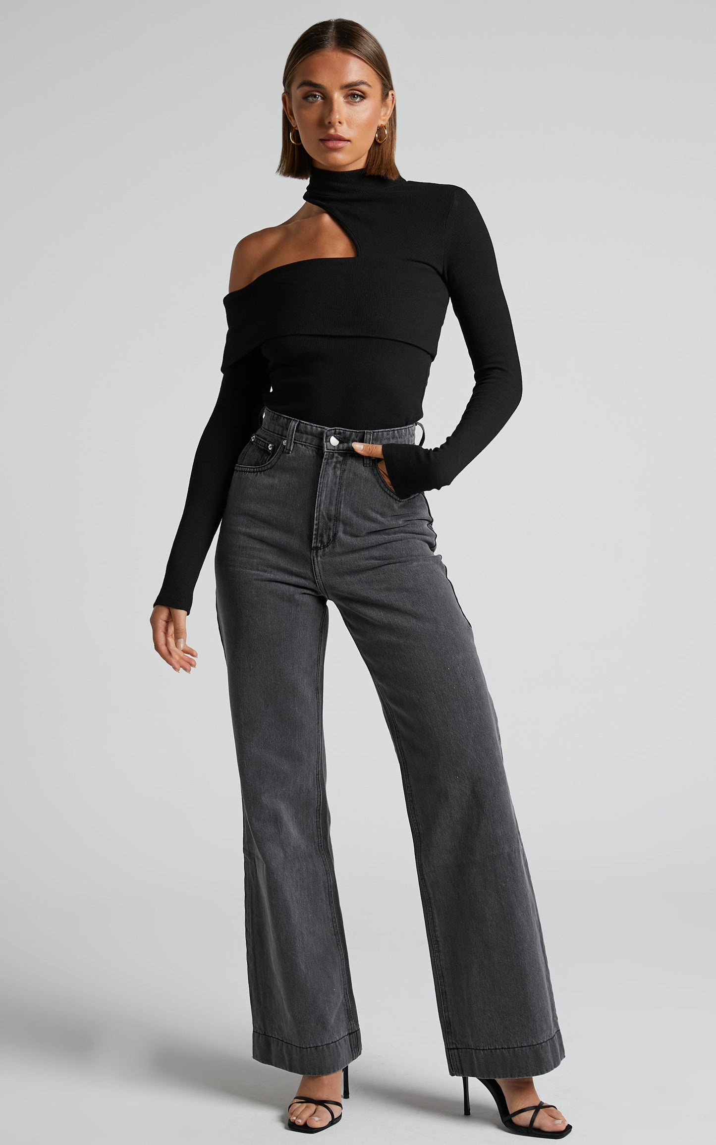 Kiefer Top - Asymmetric Long Sleeve Cutout Top in Black