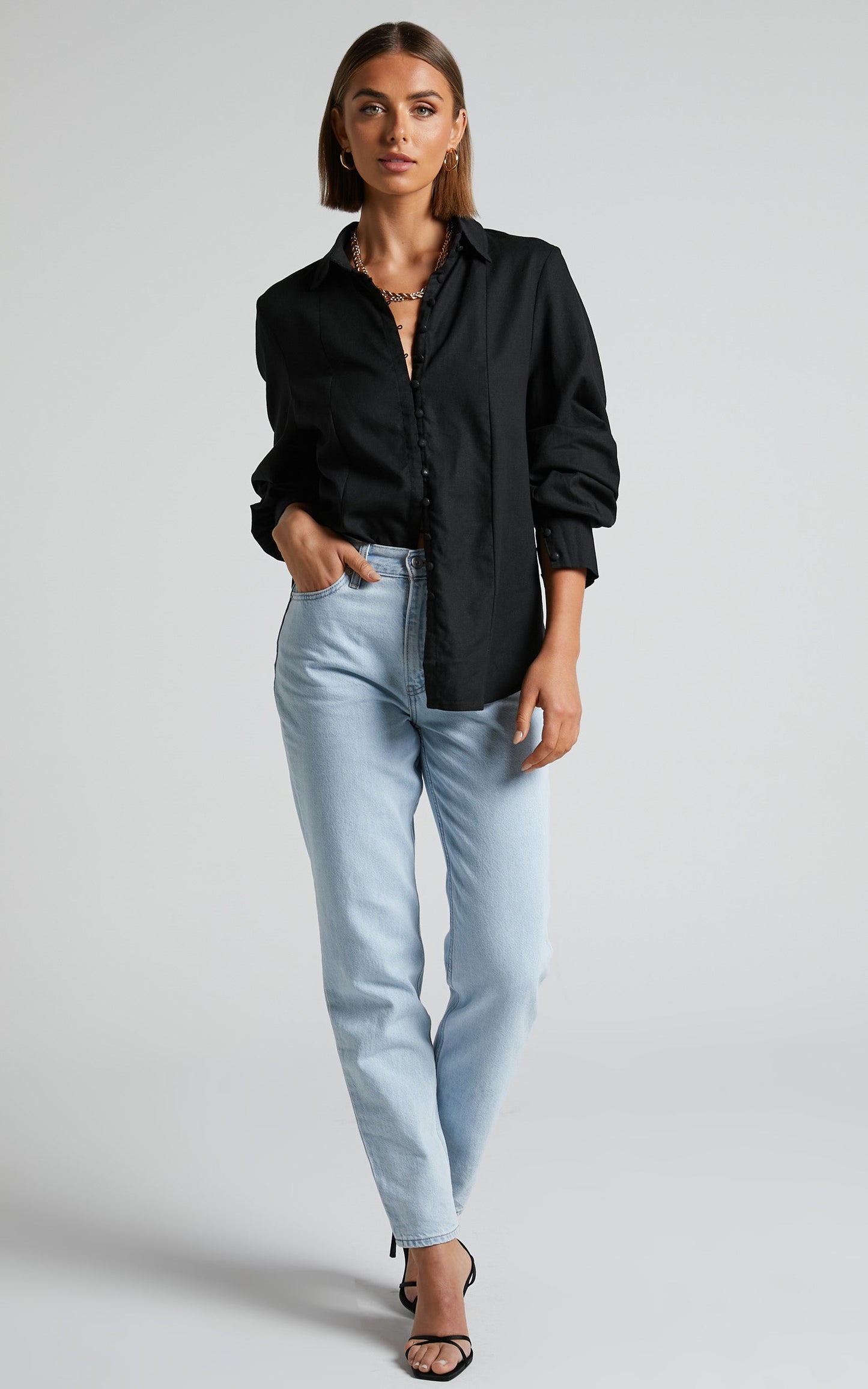 Kiva Blouse - Linen Long Sleeve Button Up Blouse in Black