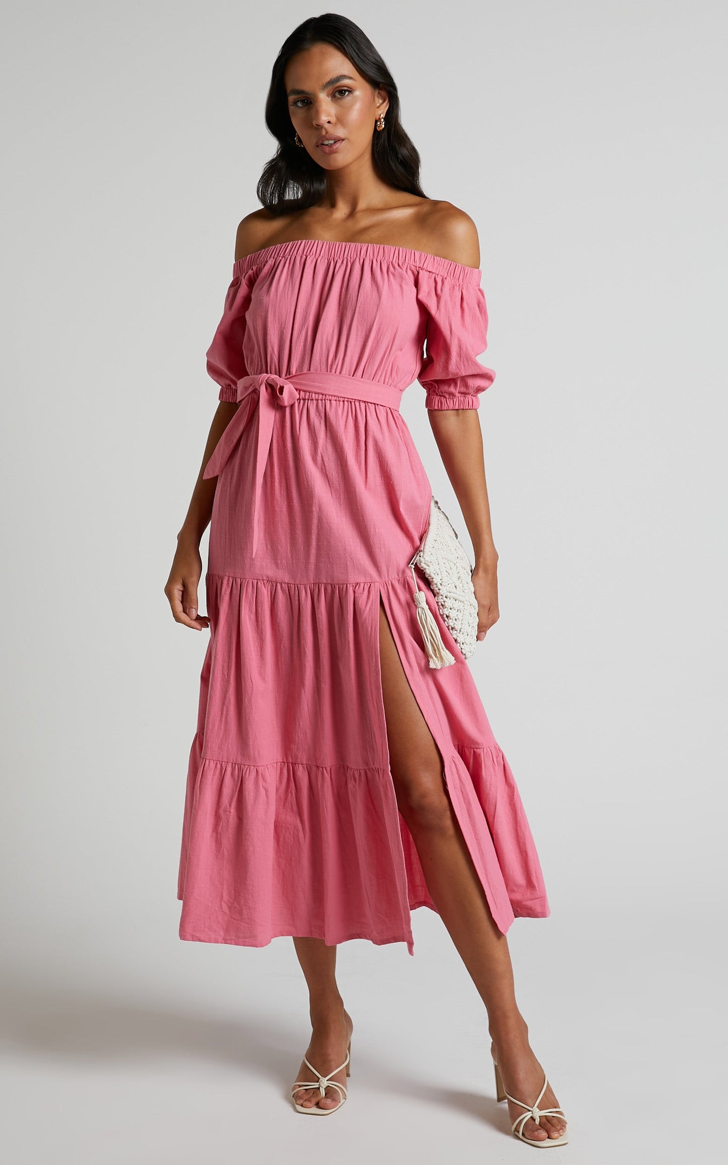 Leora Midi Dress - Off Shoulder Tiered Dress in Pink