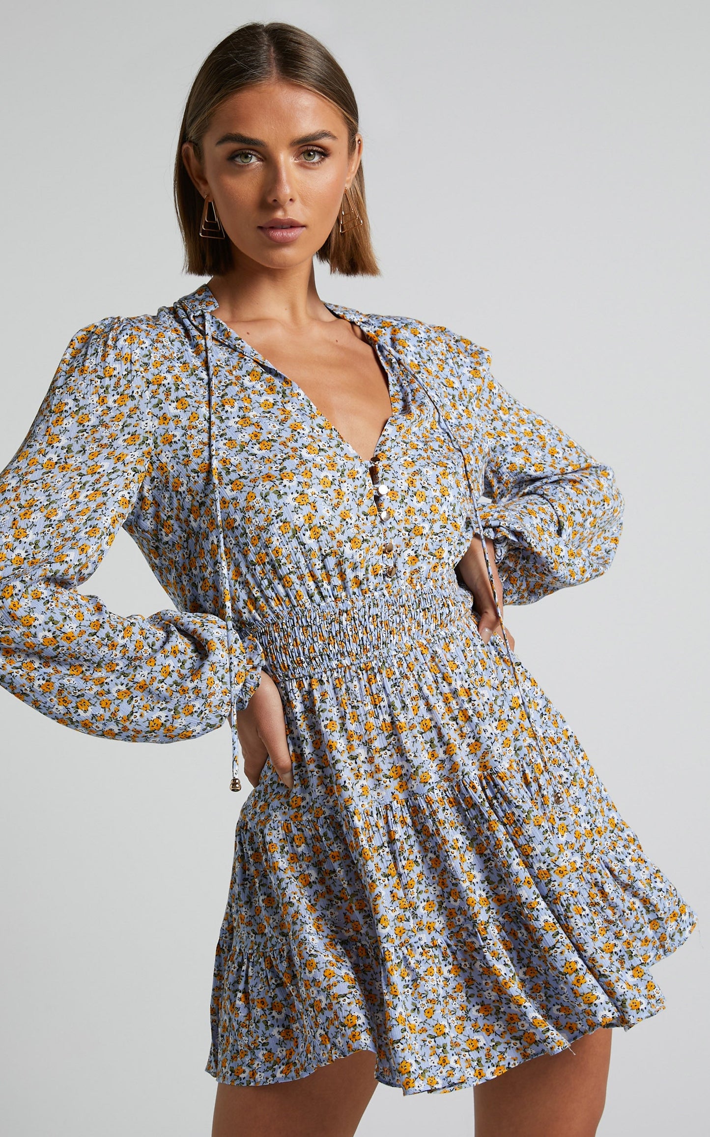 Luisella Mini Dress - Long Sleeve Shirred Waist Dress in Blue Ditsy Floral
