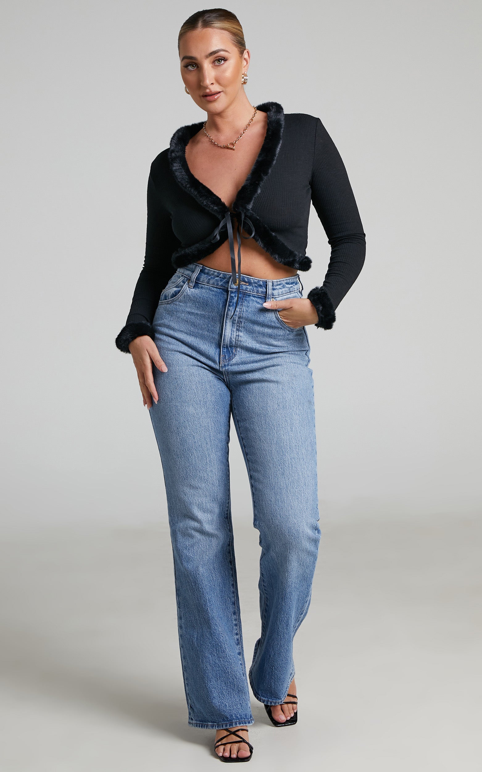 Madame Faux Fur Trim Tie Front Cardigan in Black