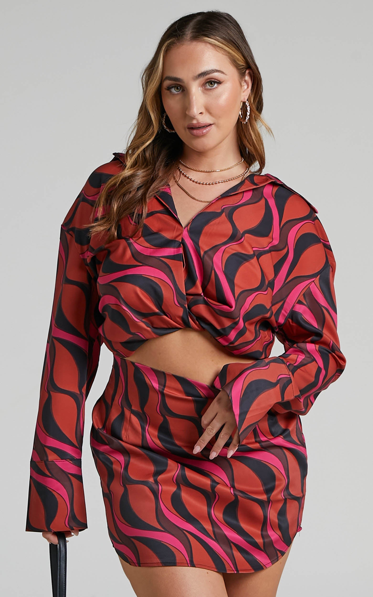 Marissah Two Piece Set - Swirl Print Cropped Shirt and Mini Skirt Set in Pink/Red