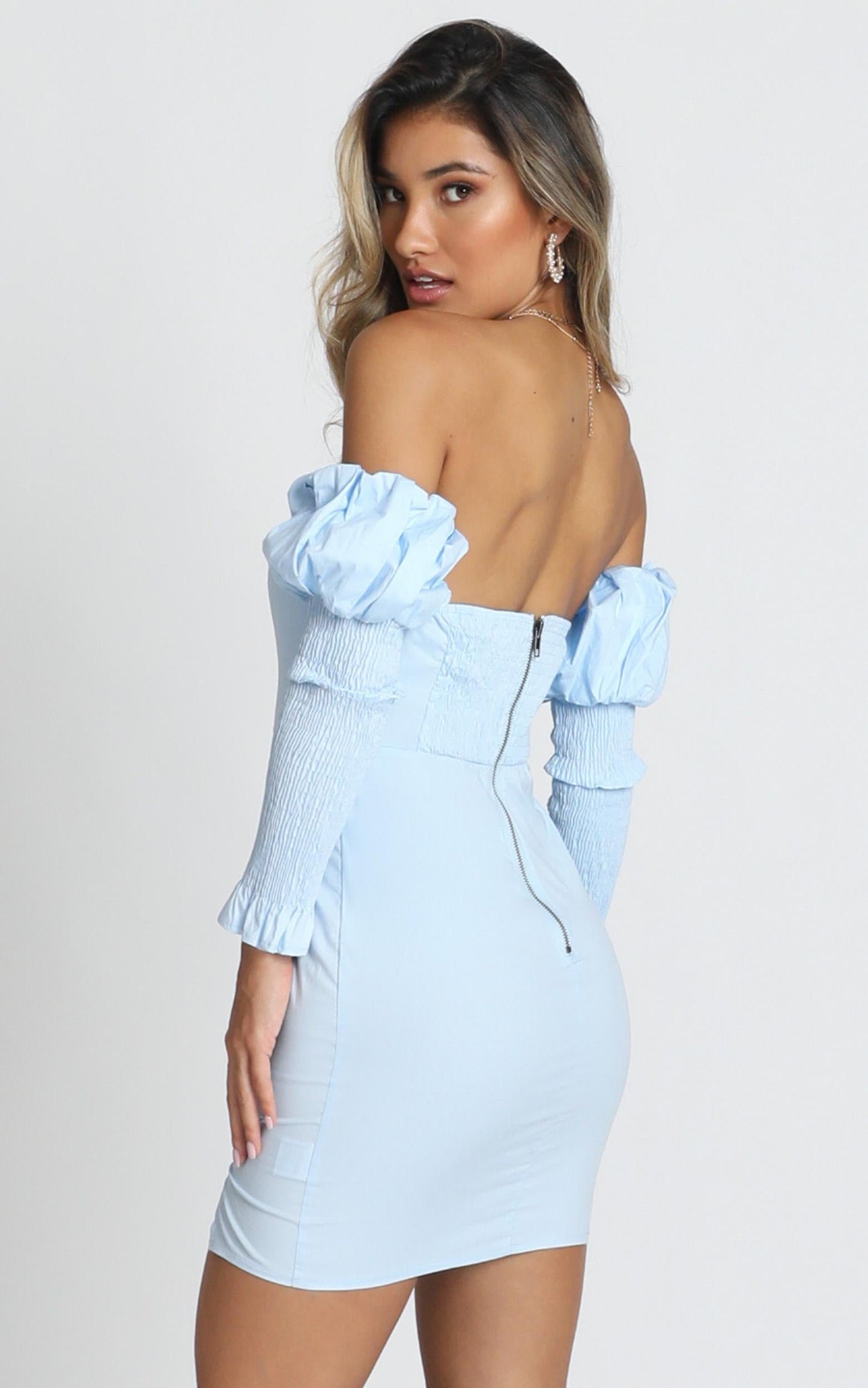 Angie Shirred Sleeve Mini Dress In Blue