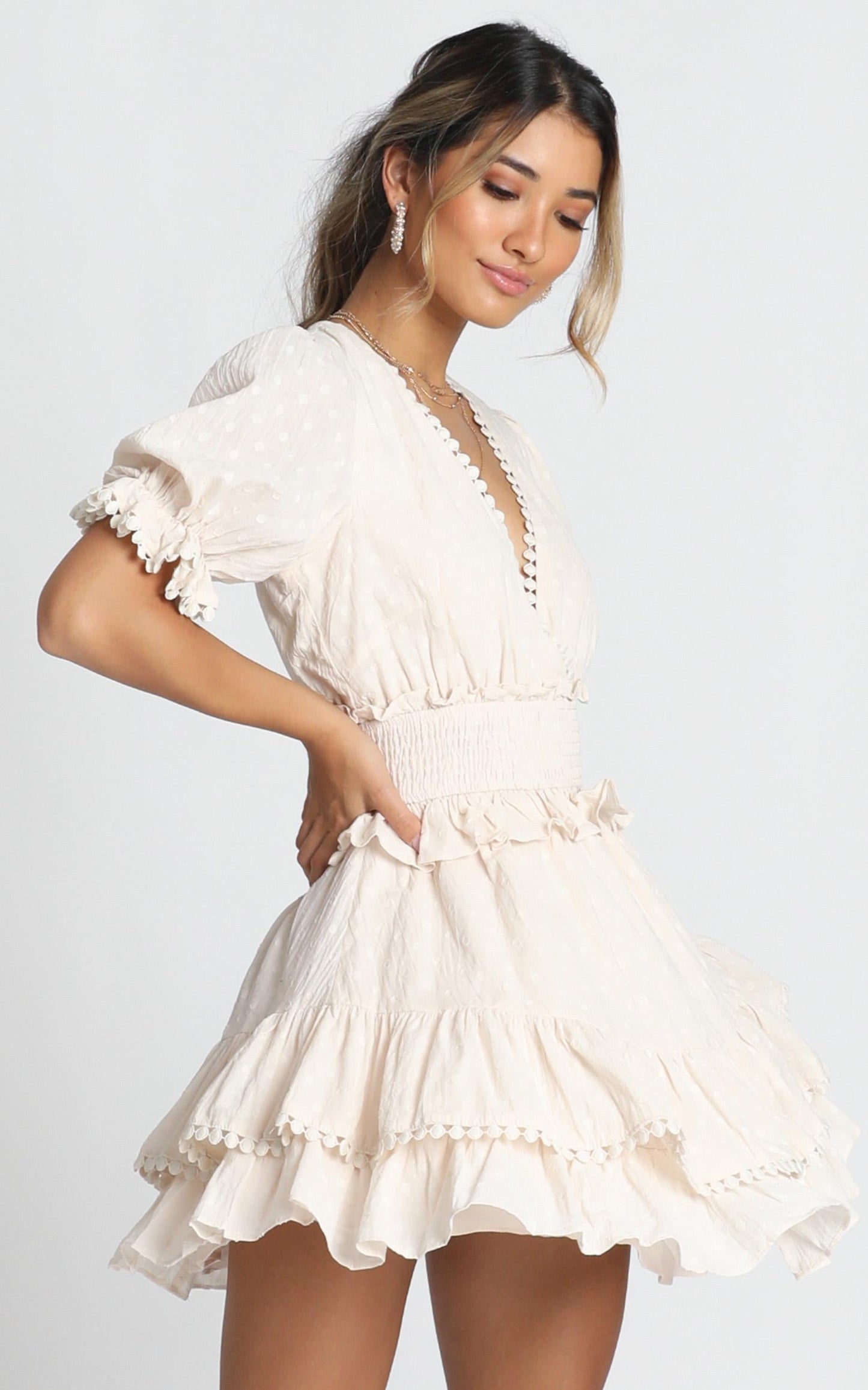 Dotty Frill Mini Dress In Beige