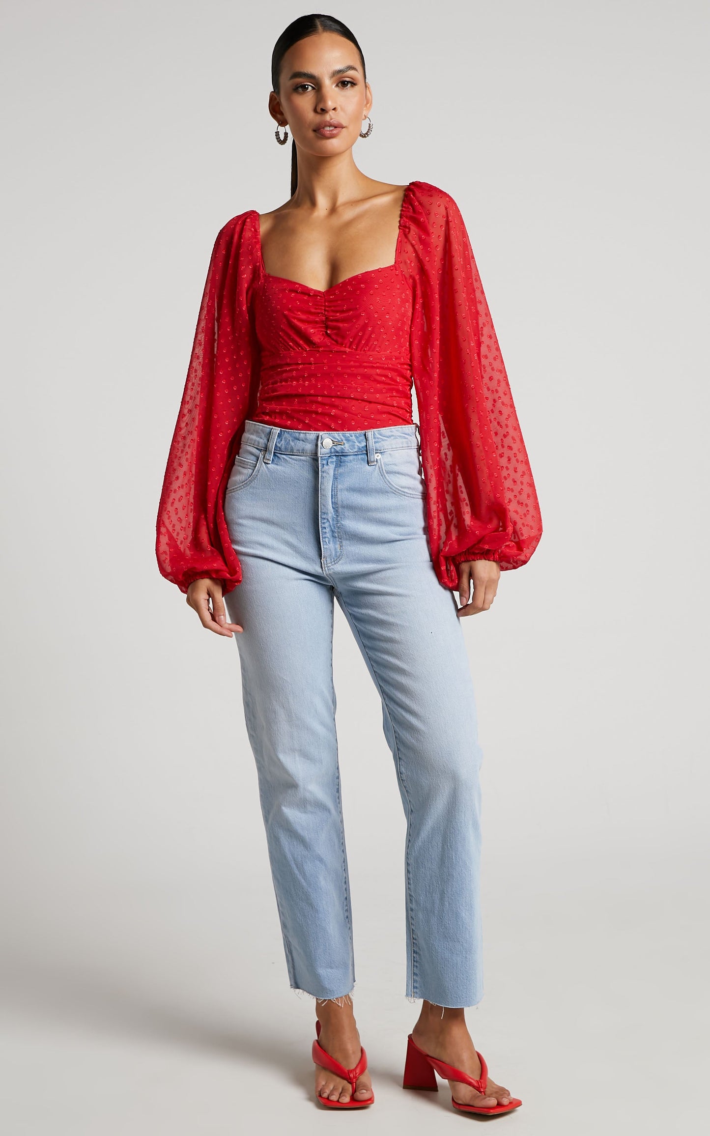 Conny Bodysuit - Spotted Balloon Sleeve Sweetheart Bodysuit in Red