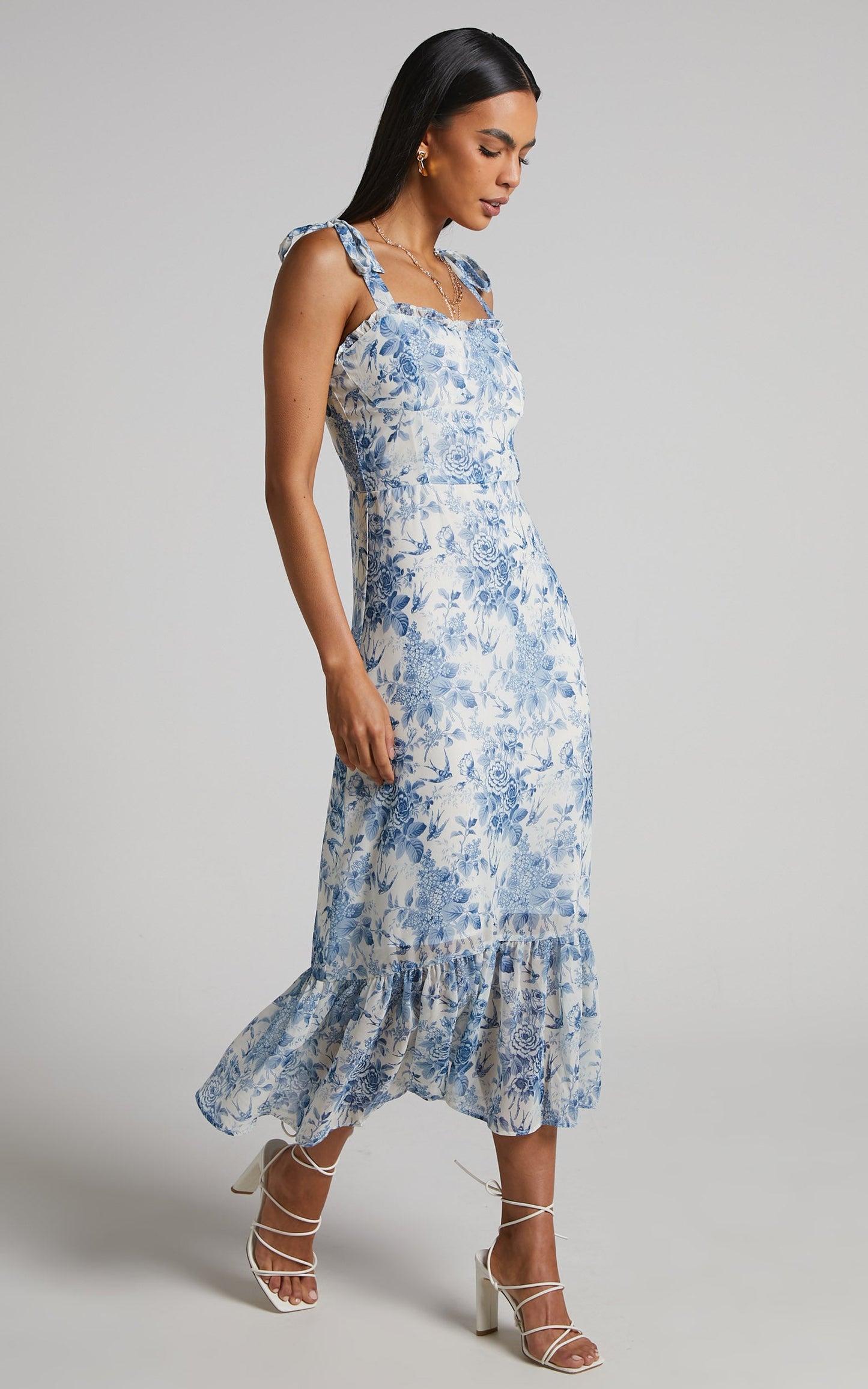 Hannah Midi Dress - Tie Strap Ruffle Hem Dress in Blue Floral
