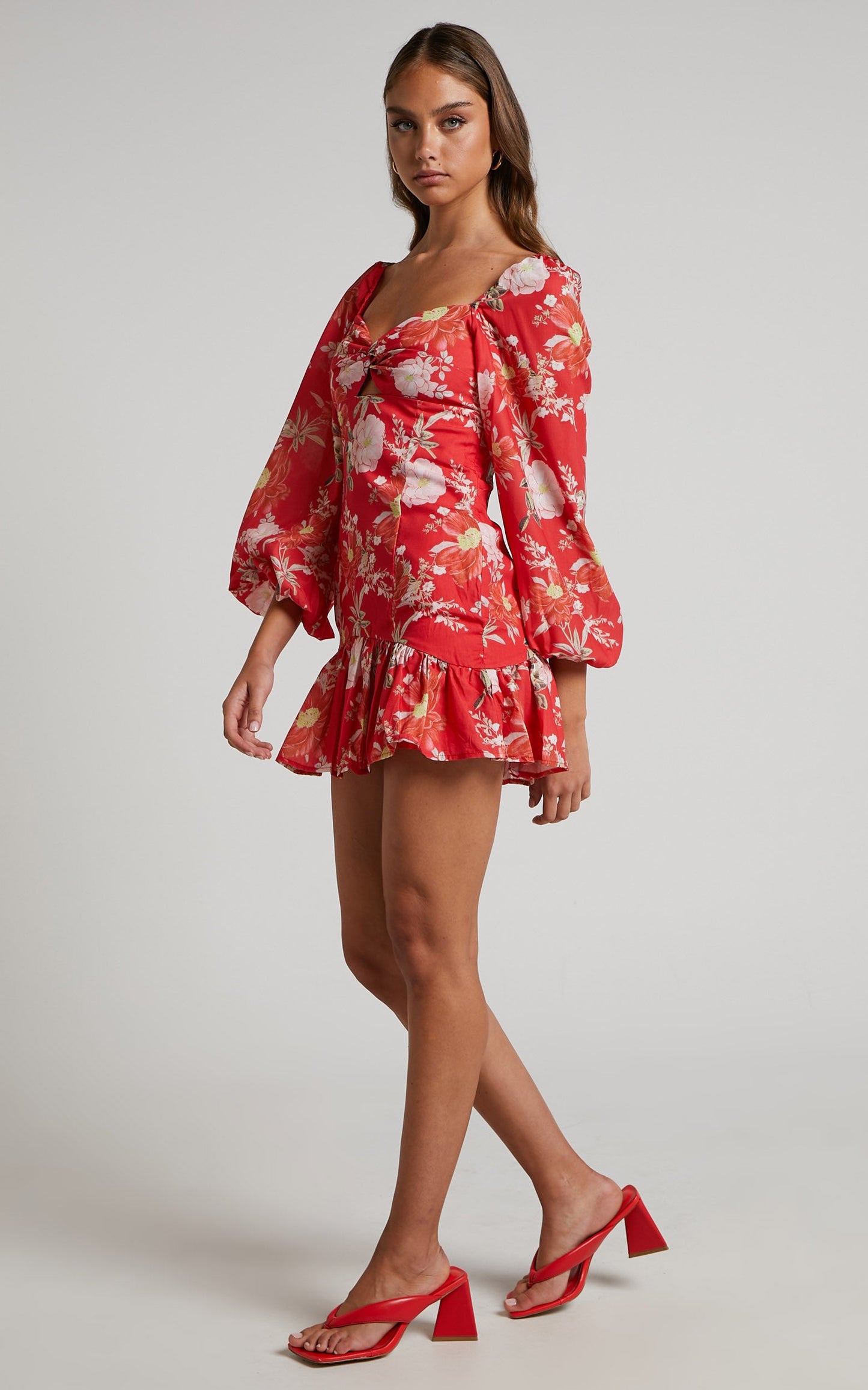 Viveca Mini Dress - Balloon Sleeve Twist Front Dress in Rosie Floral