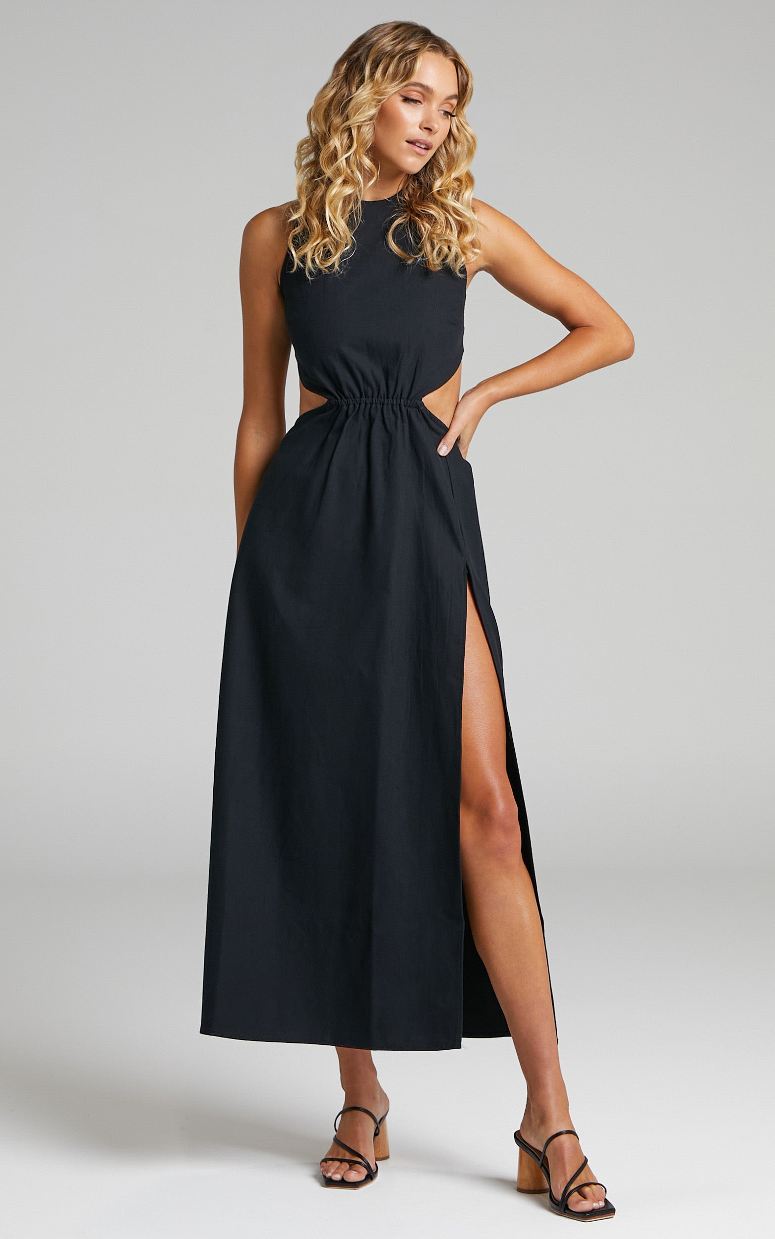 Amalie The Label - Ivy Linen Blend Cotton Cut Out Waist Tie Back Side Split Midi Dress in Black
