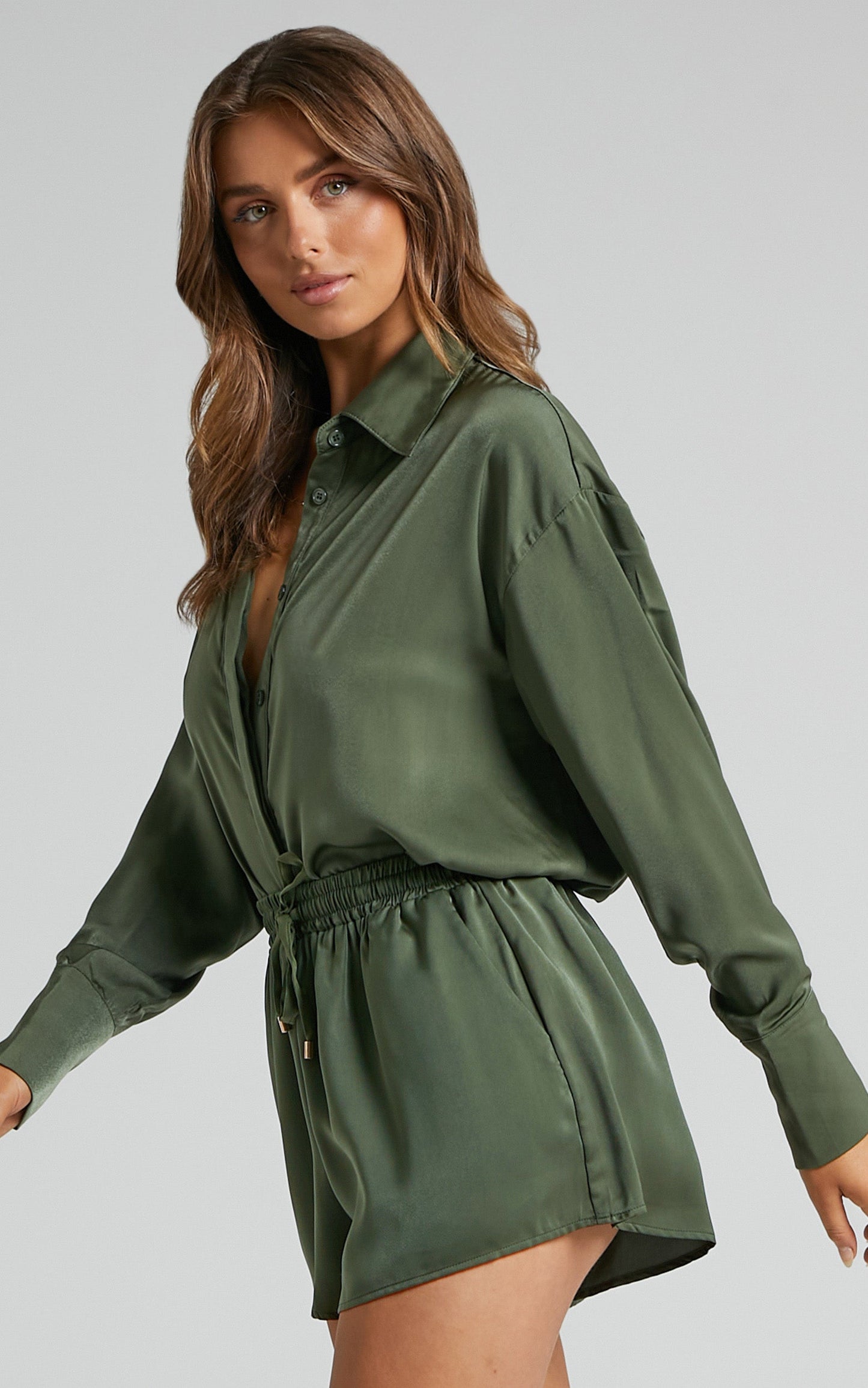 Azurine Shorts - Elastic Waist Satin Shorts in Olive