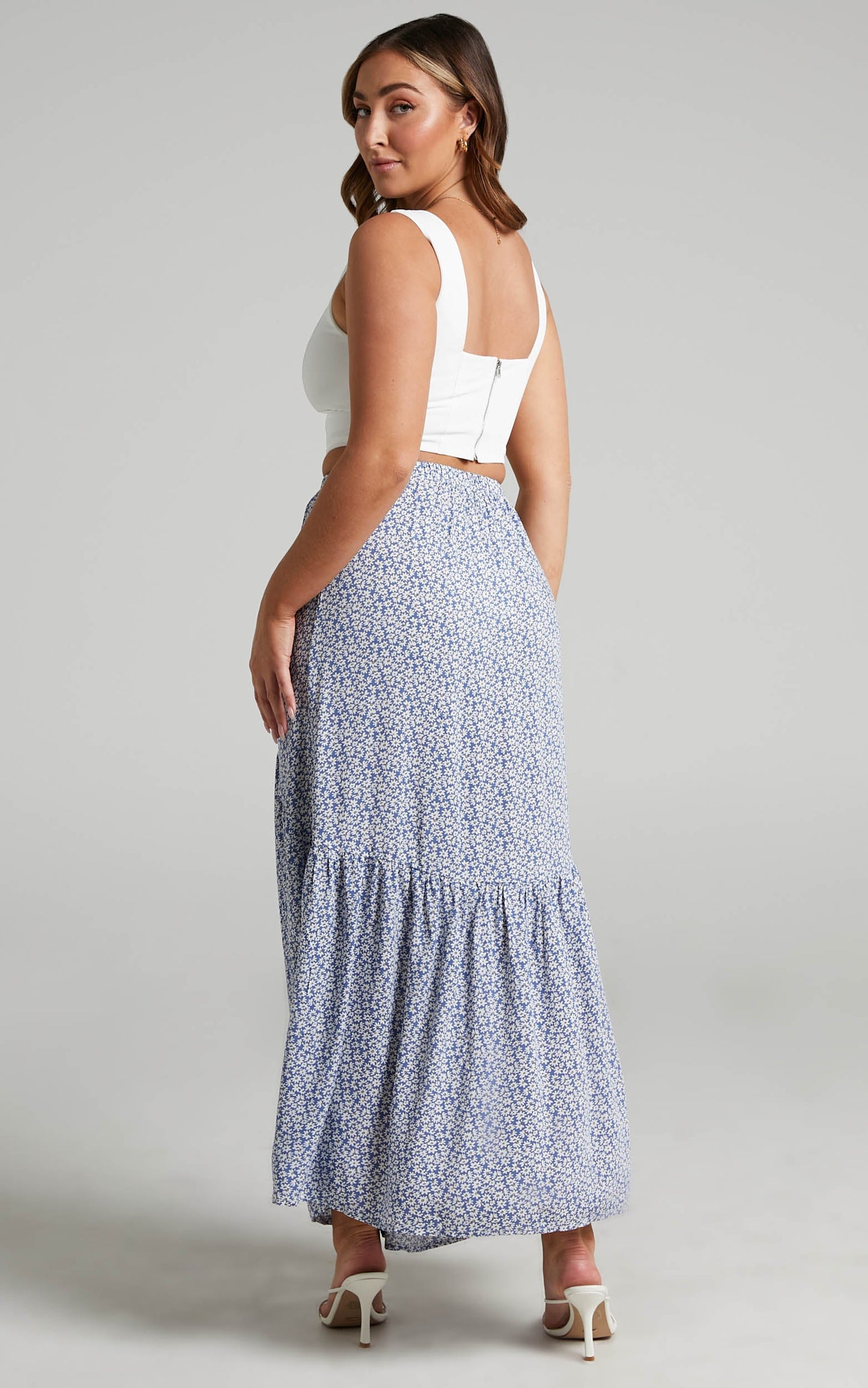 Bernel Button Detail Yoke Maxi Skirt in Blue Floral
