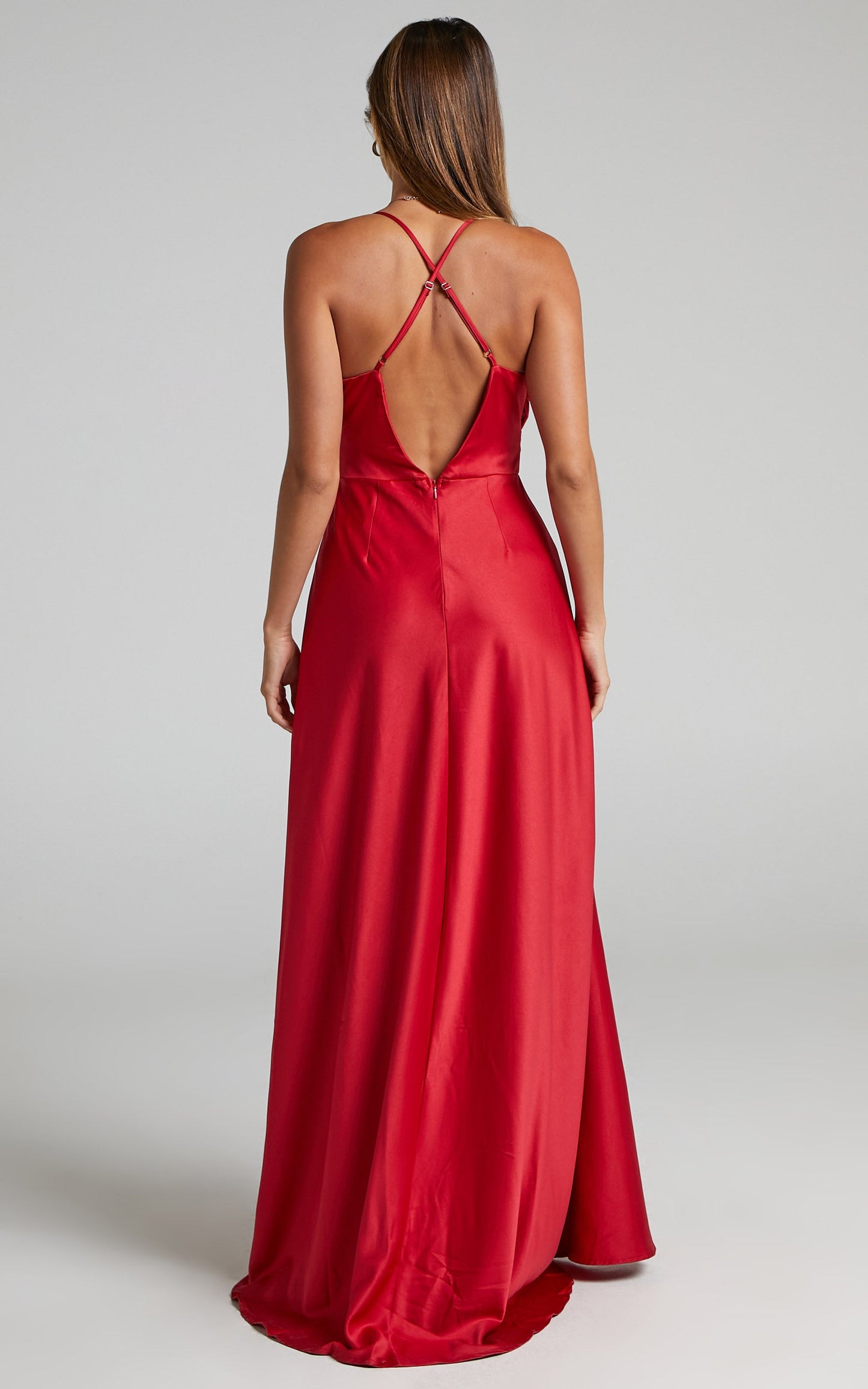 Chastine Maxi Dress - Ruched Bodice Front Satin Ball Gown in Red