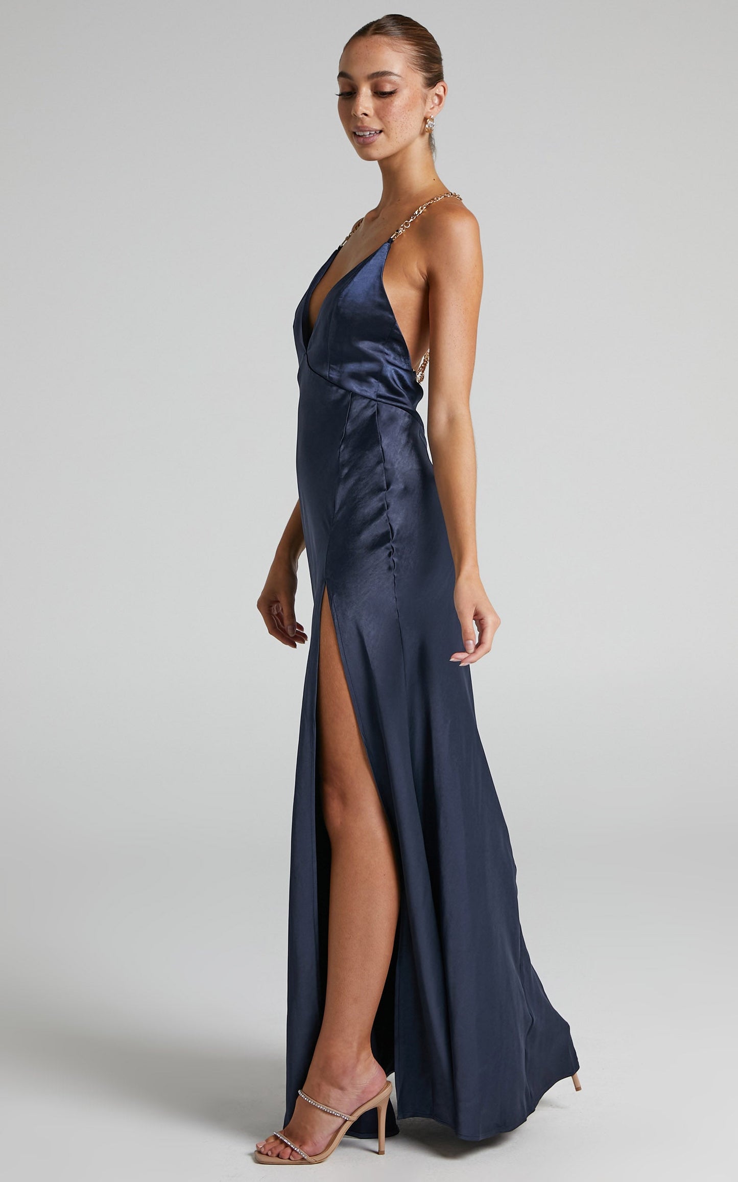 Cheche Maxi Dress - Chain Strap Plunge Bias Cut Satin Dress in Navy
