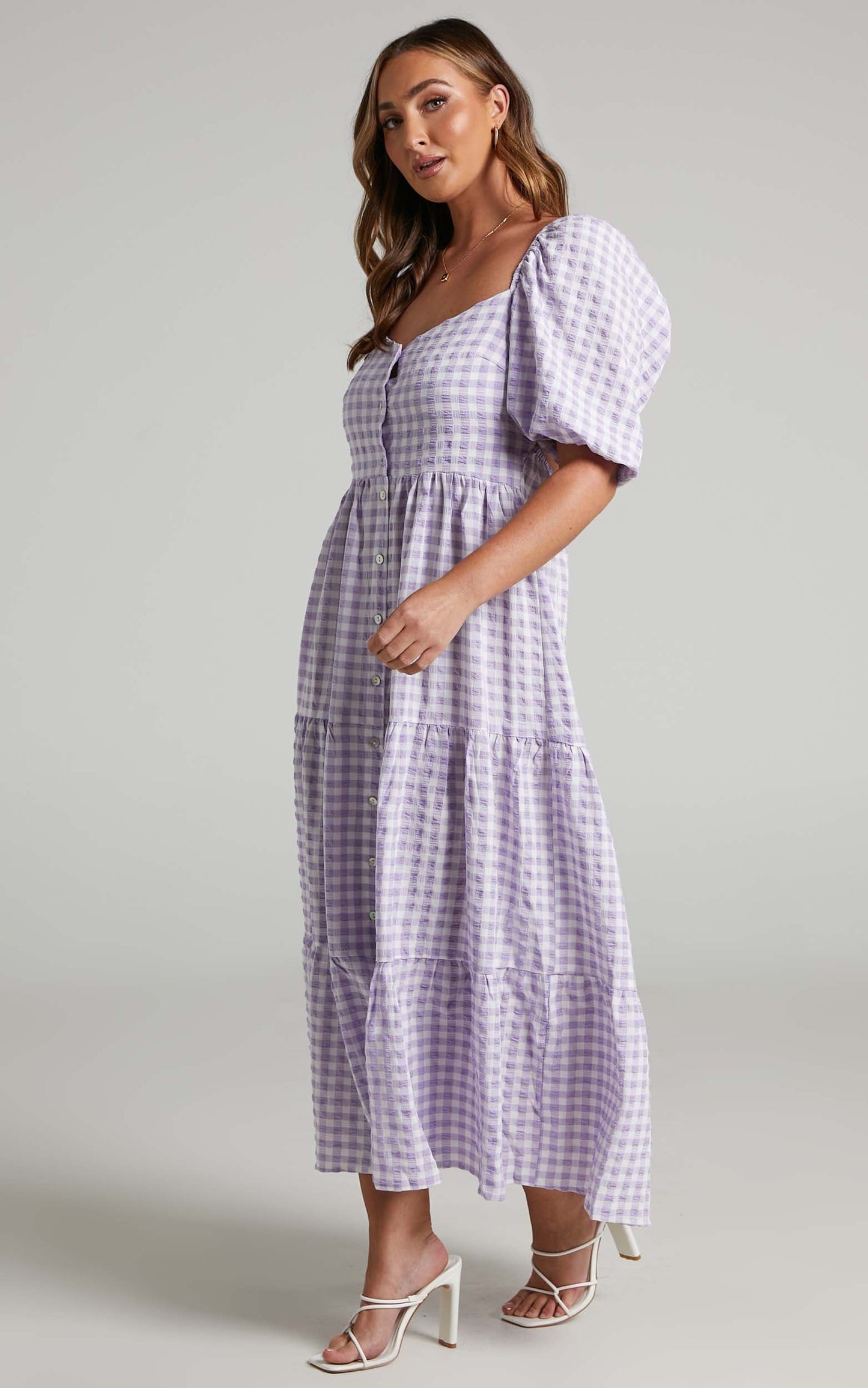Drigeth Puff Sleeve Open Back Midi Dress in Lilac Gingham