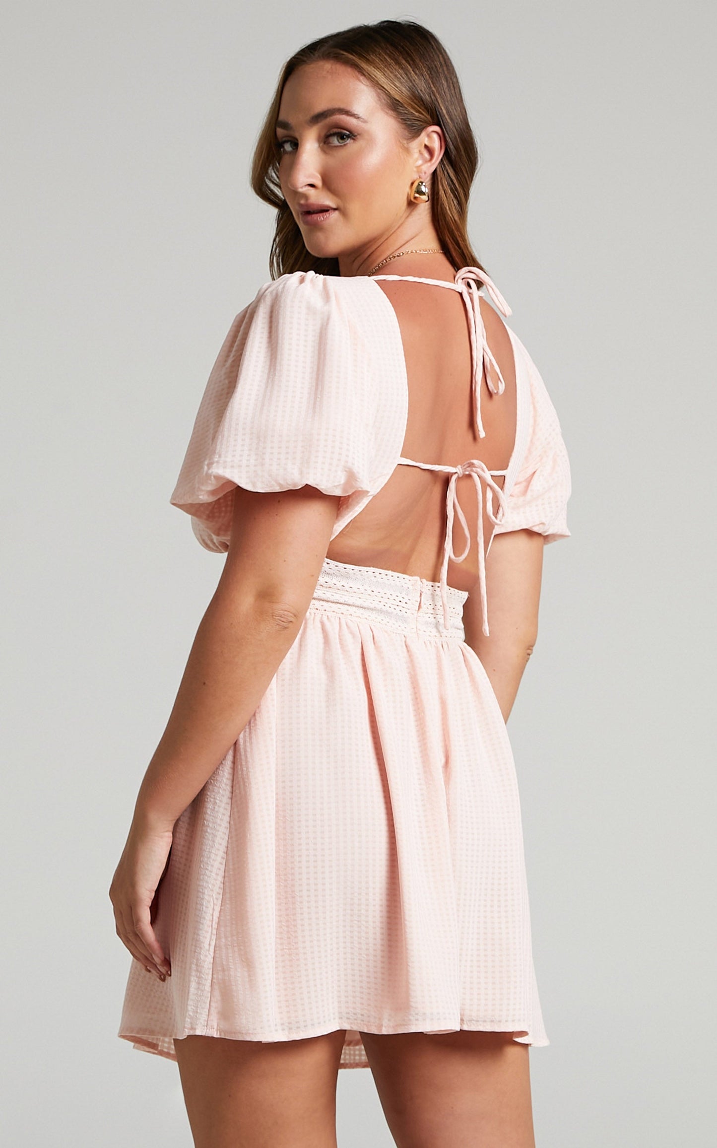 Earlena Puff Sleeve Open Back Mini Dress in Pale Pink