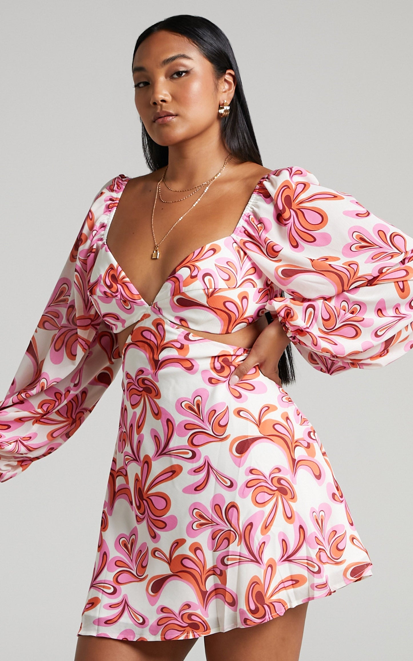 Frederica Tie Back Long Sleeve Mini Dress in Pink Swirl