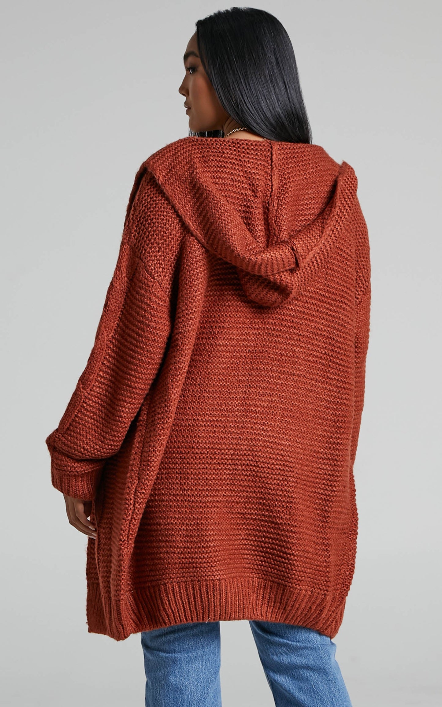 Gisella Chunky Cable Longline Knit Cardigan in Rust