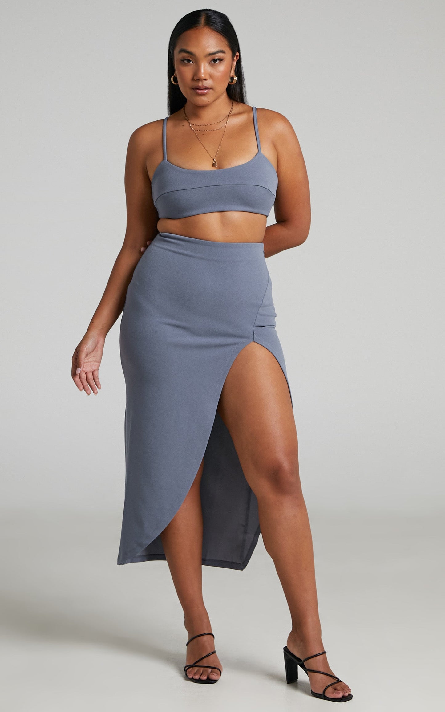 Grayson Crop Top and Split Front Midi Skirt Two Piece Set in Steel Blue