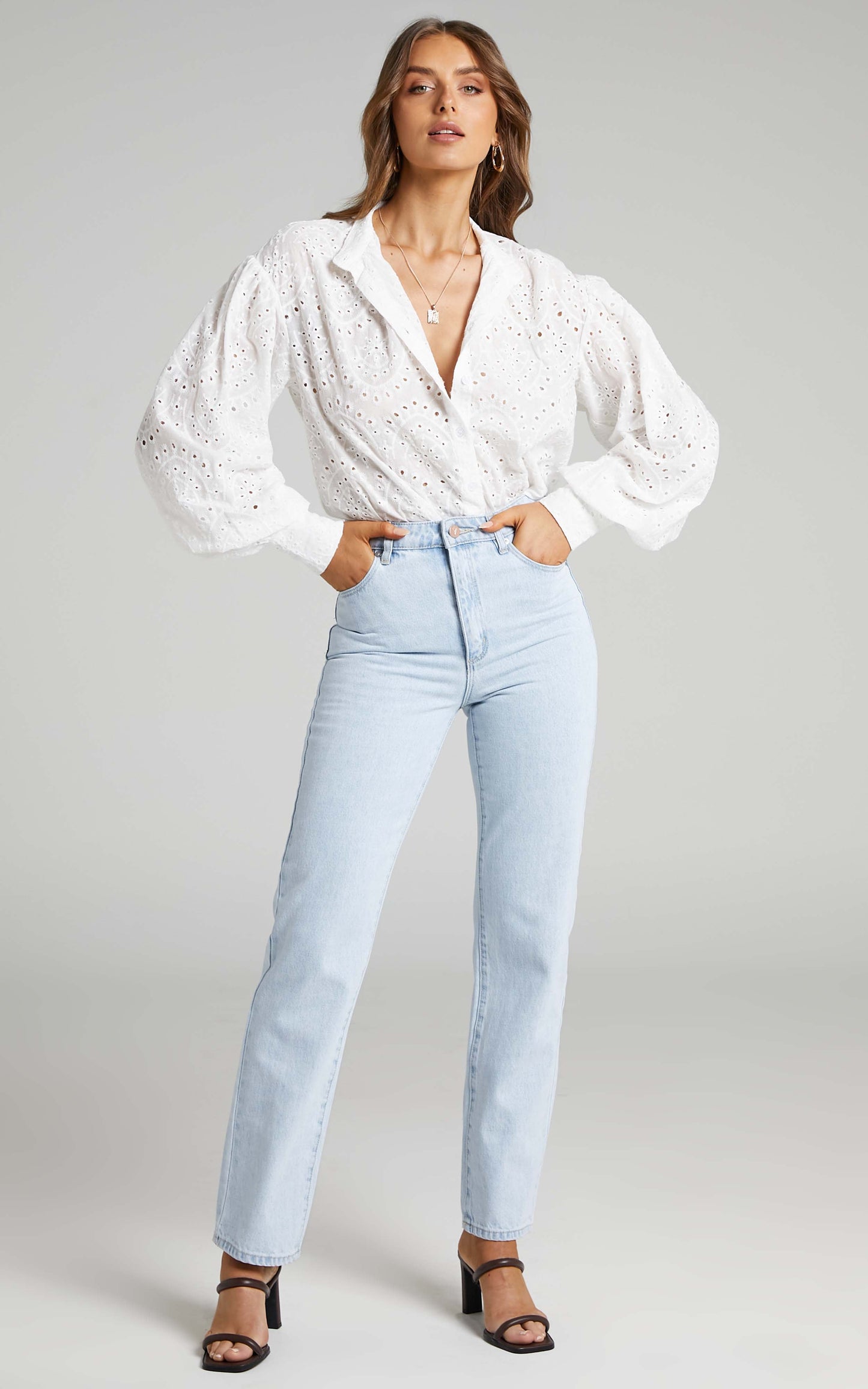 Helda Embroidered Balloon Sleeve Shirt in White