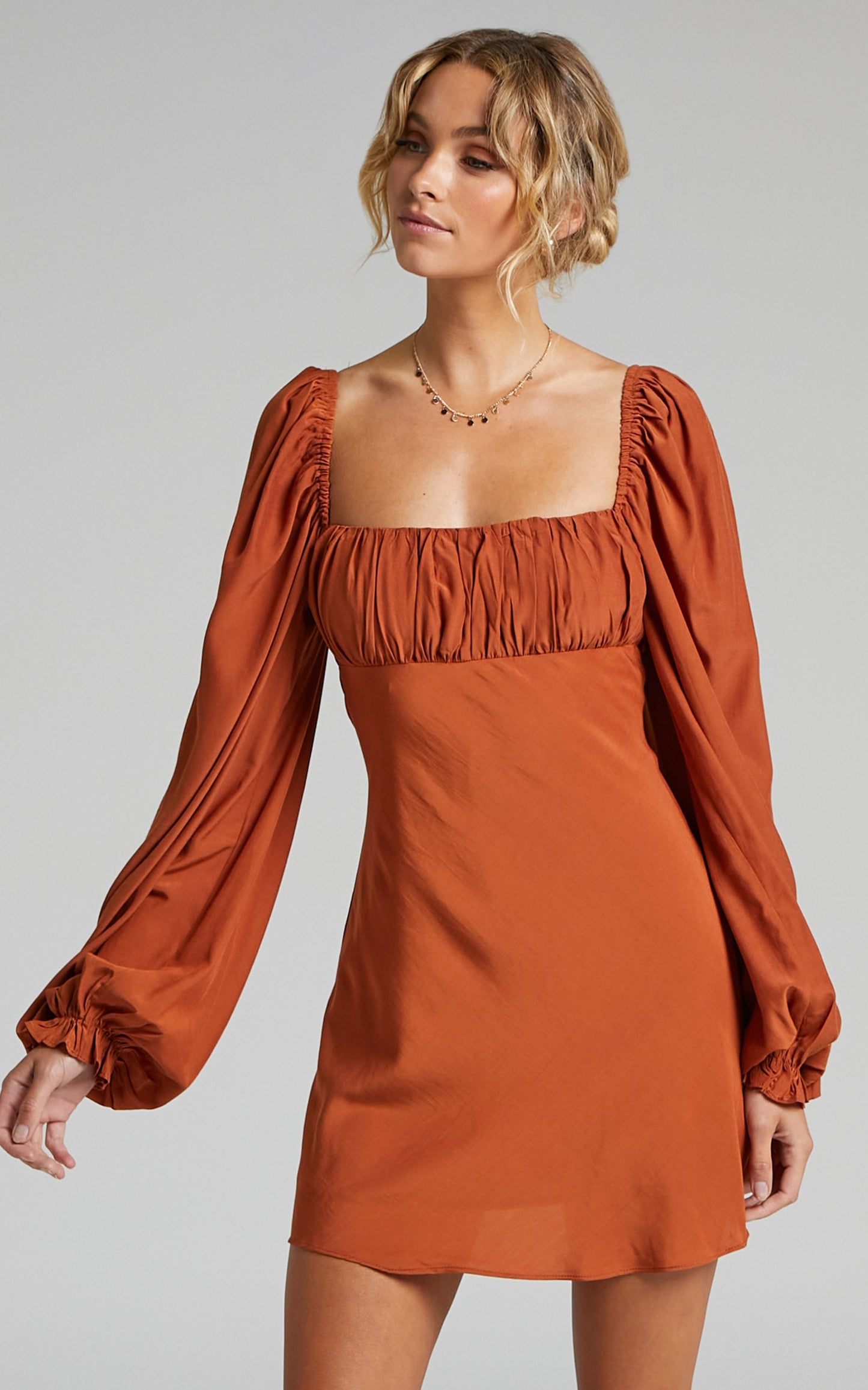 Jadiah Mini Dress - Ruched Bust Long Sleeve Dress in Rust
