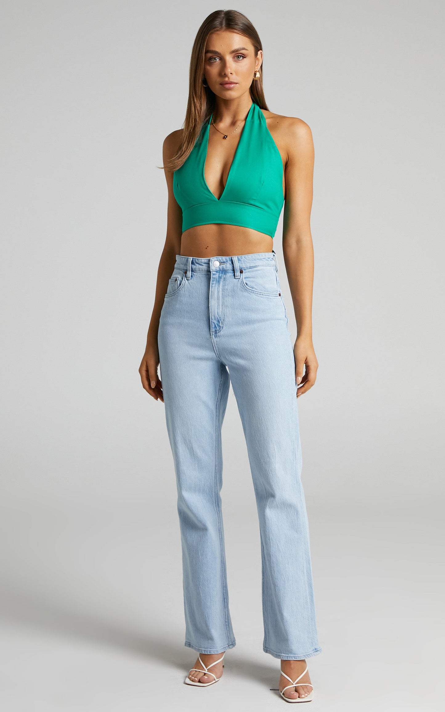 Kady Top - Deep V Halter Crop Top in Green