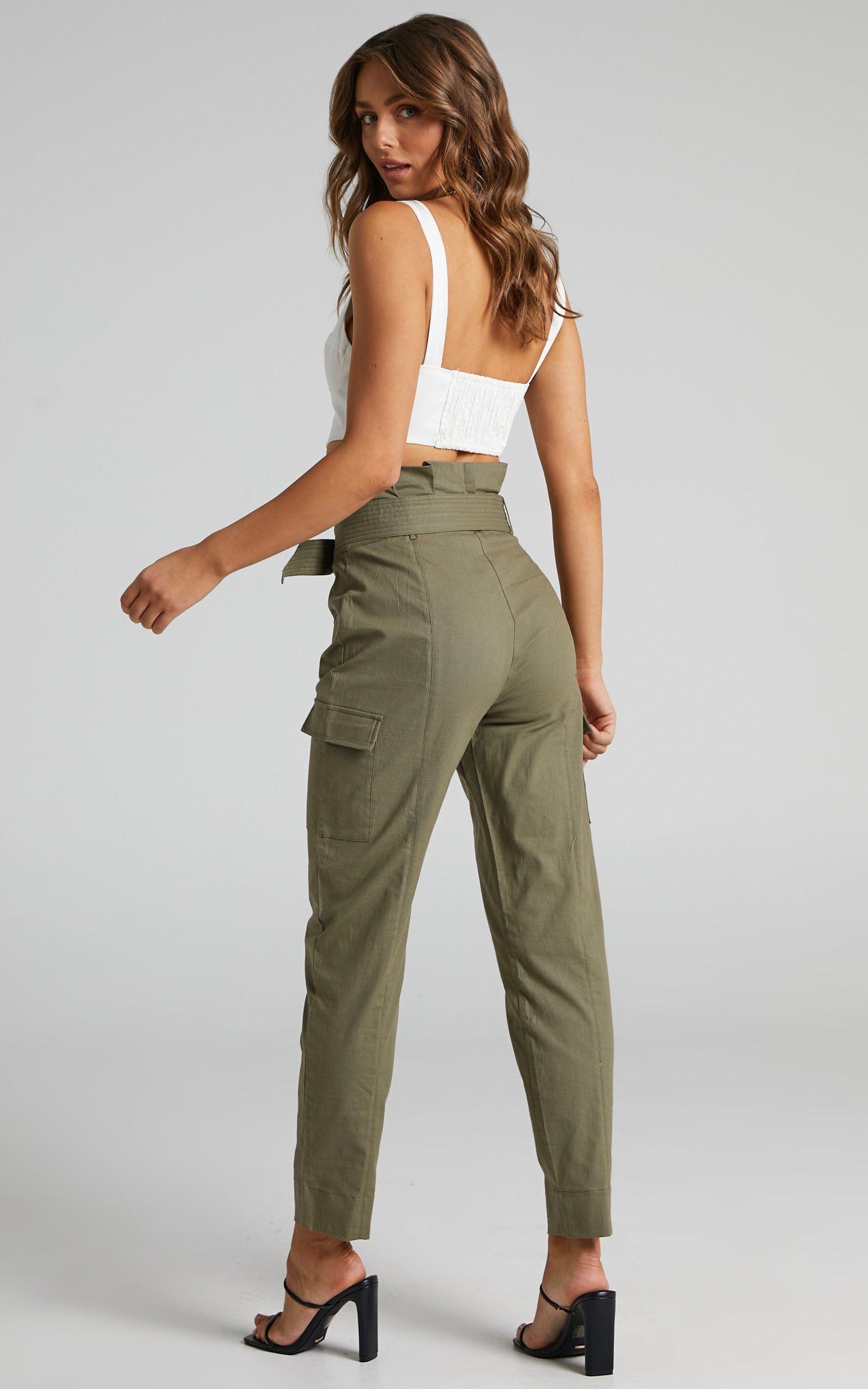 Kaori Belted Paper Bag Waist Utility Pants in Khaki