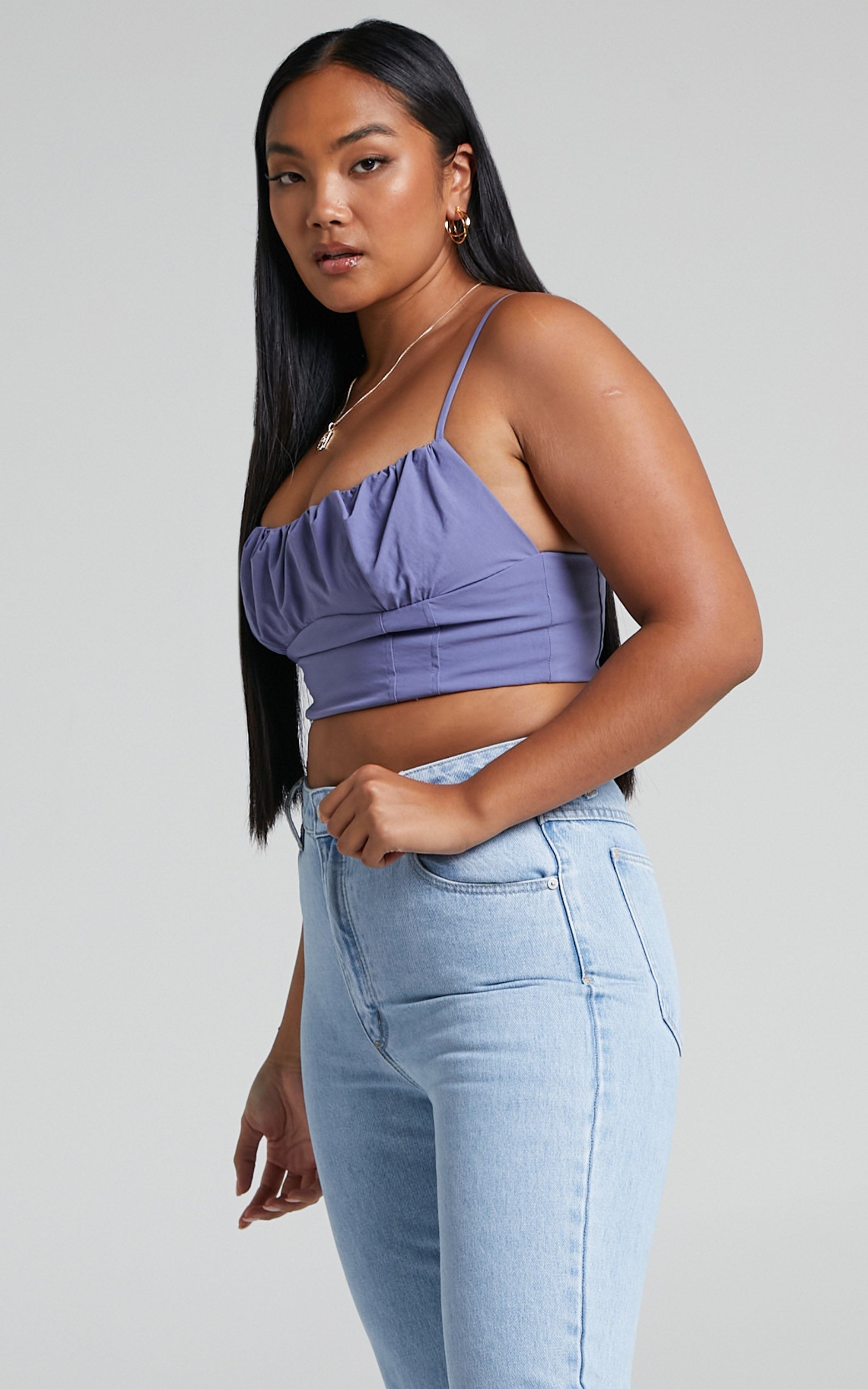 Keriana Top - Gathered Front Corset Crop Top in Steel Blue