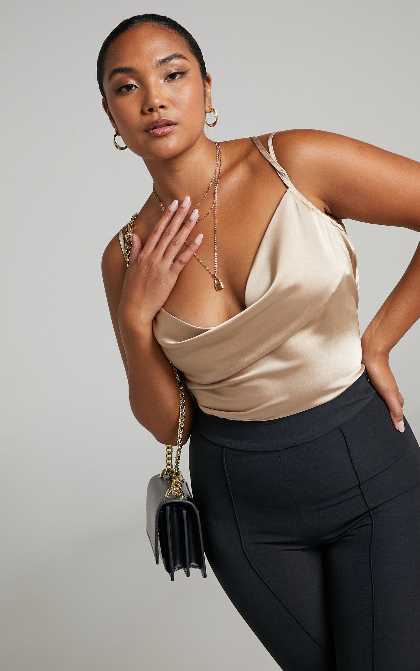 Khamaro Asymmetric Strap Cowl Neck Cami in Champagne
