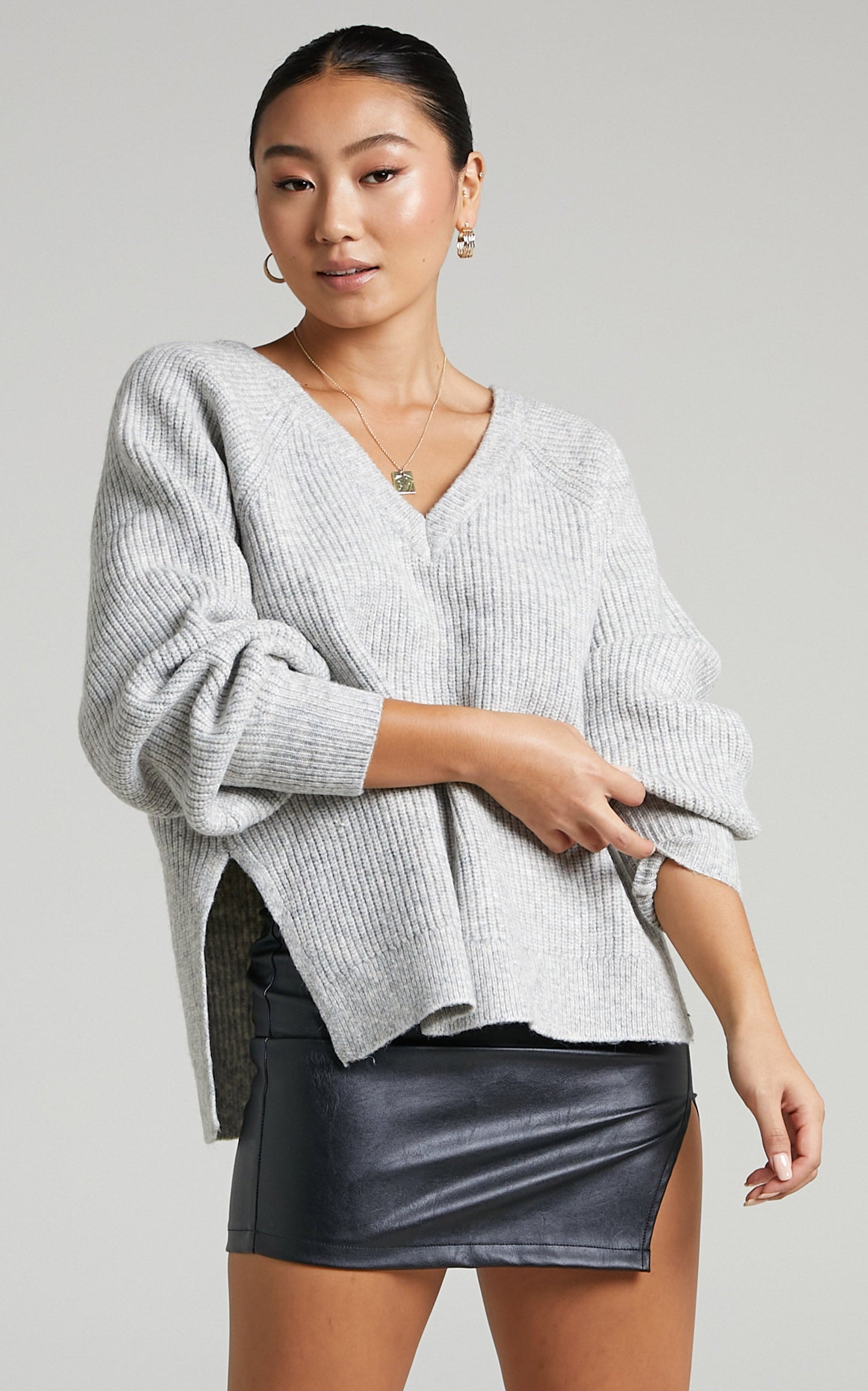 Lumina Sweater - Oversized V Neck Sweater in Grey Marle
