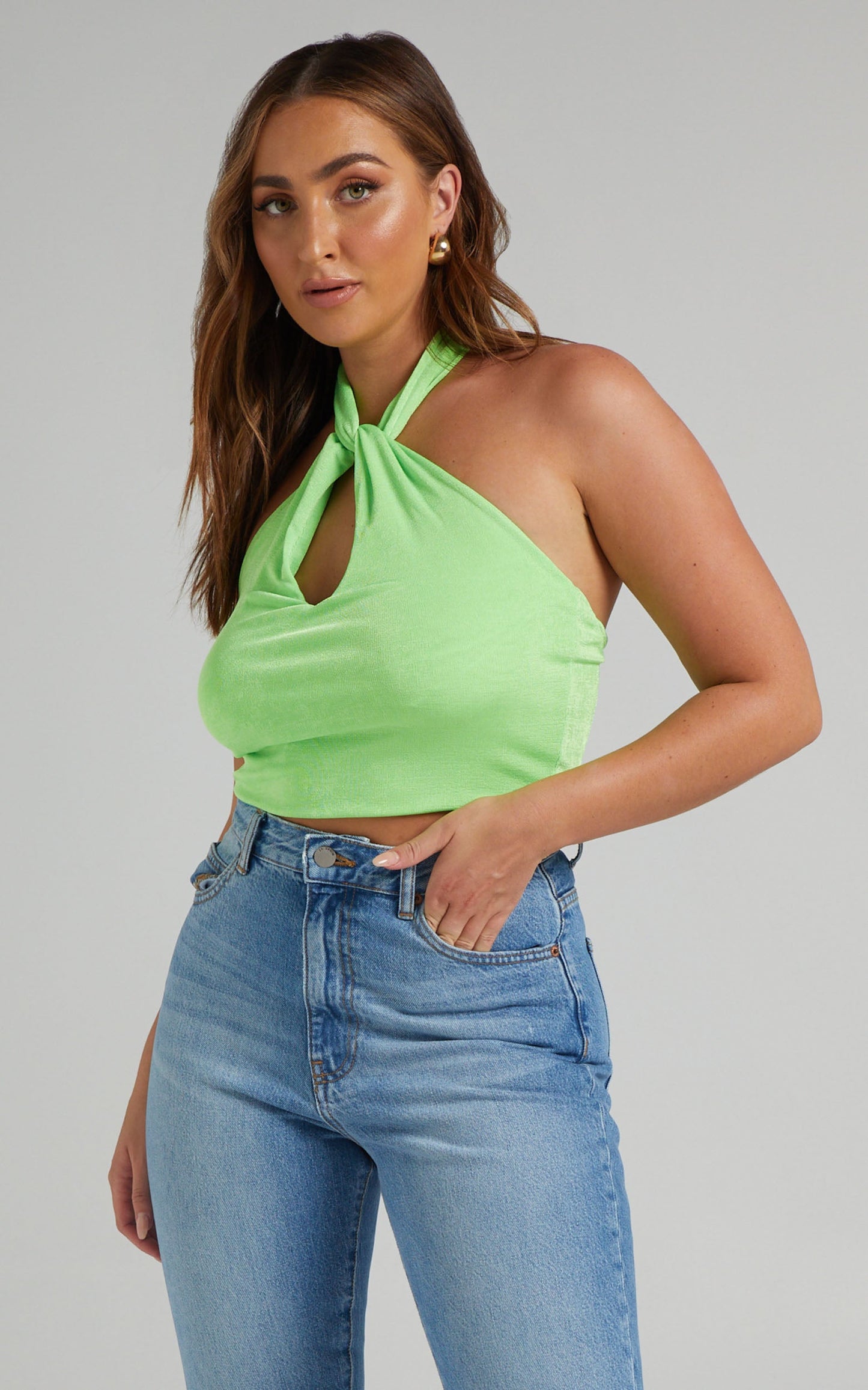 Rhayalyn Top - Twist Front Slinky Halter Top in Lime
