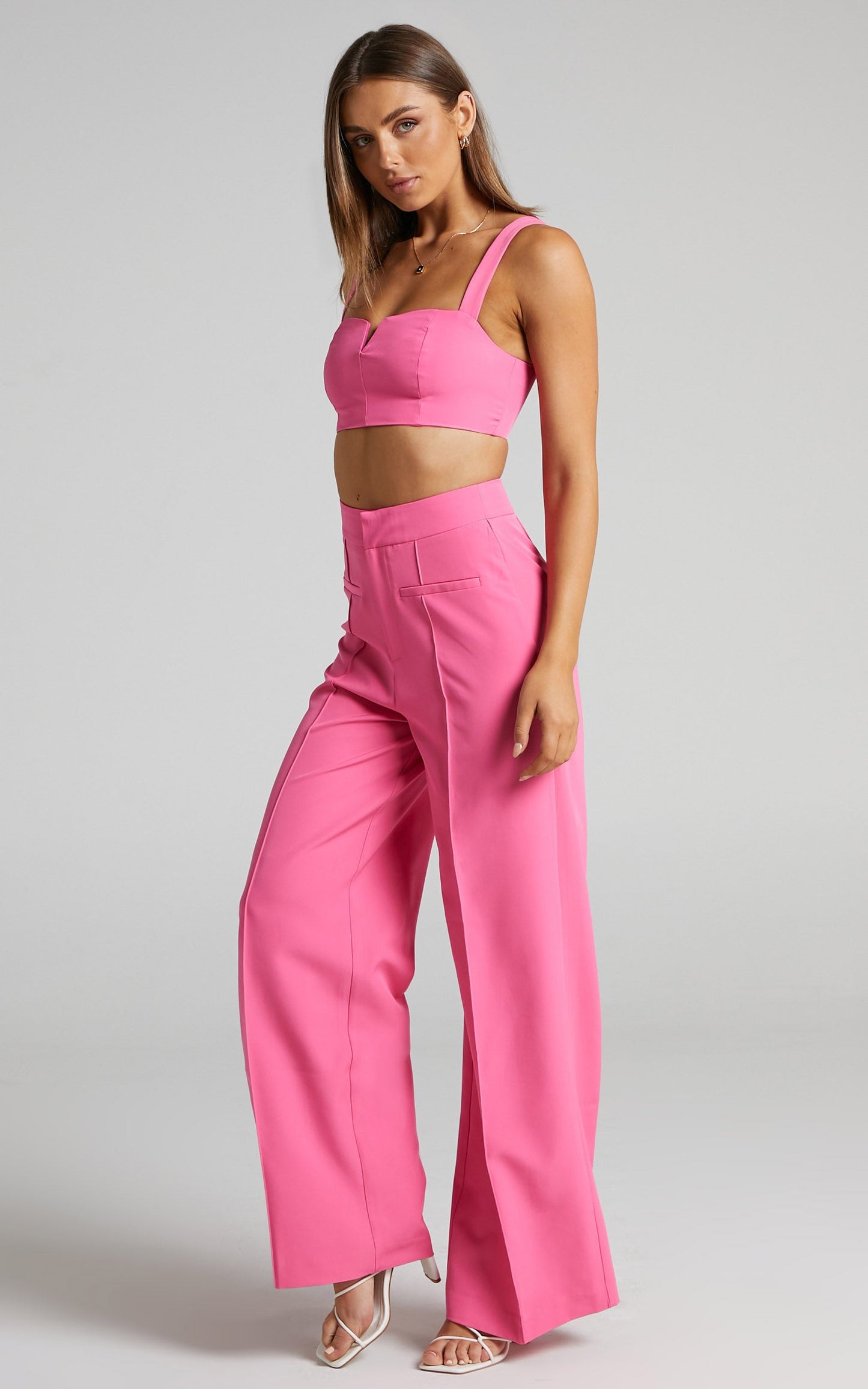 Maida Two Piece Set - V Front Crop Top and Wide Leg Pants Set in Pink