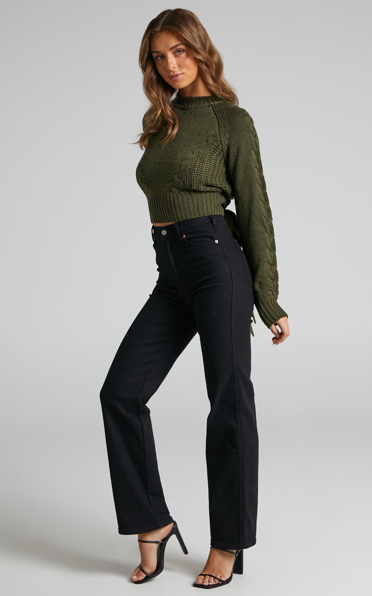 Maue Top - Long Sleeve Open Back Knit Top in Khaki