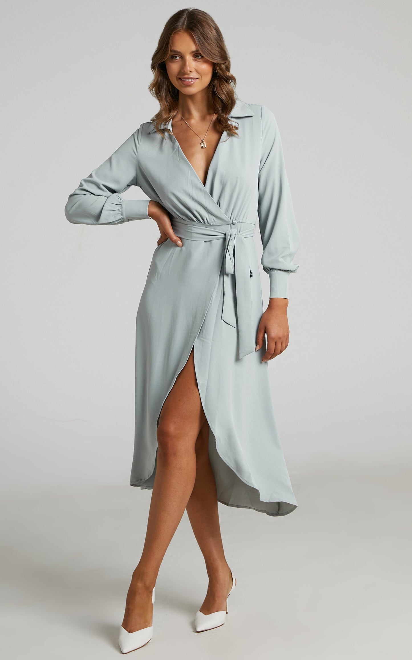 Nalysha Midi Dress - Long Sleeve Wrap Dress in Dusty Blue