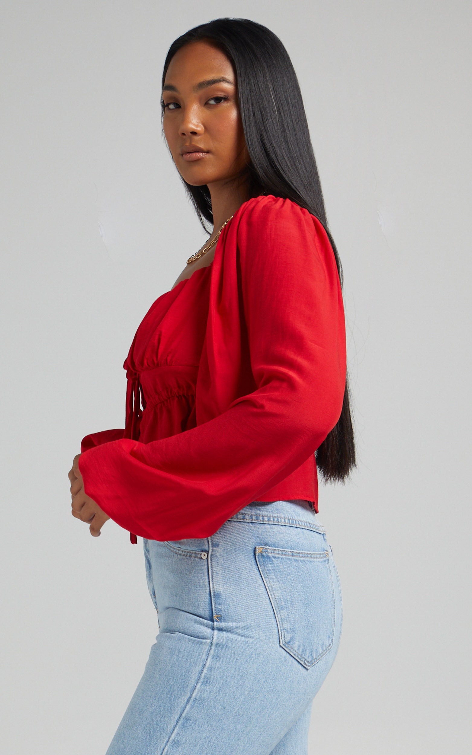 Nadine Top - Long Sleeve Ruched Bust Top in Red