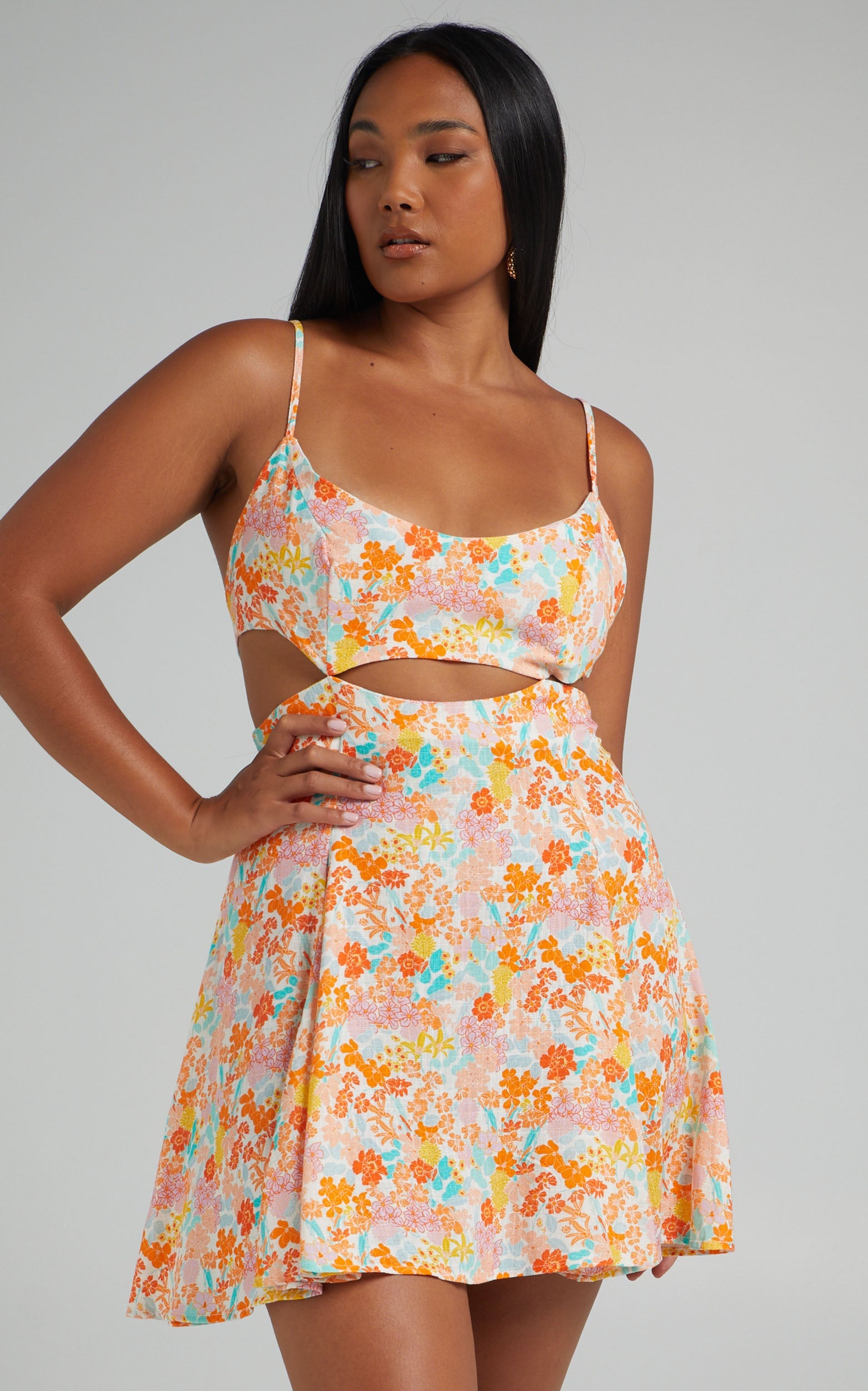 Carlotta Mini Dress - Linen Strappy Cut Out Dress in Tequila Sunrise