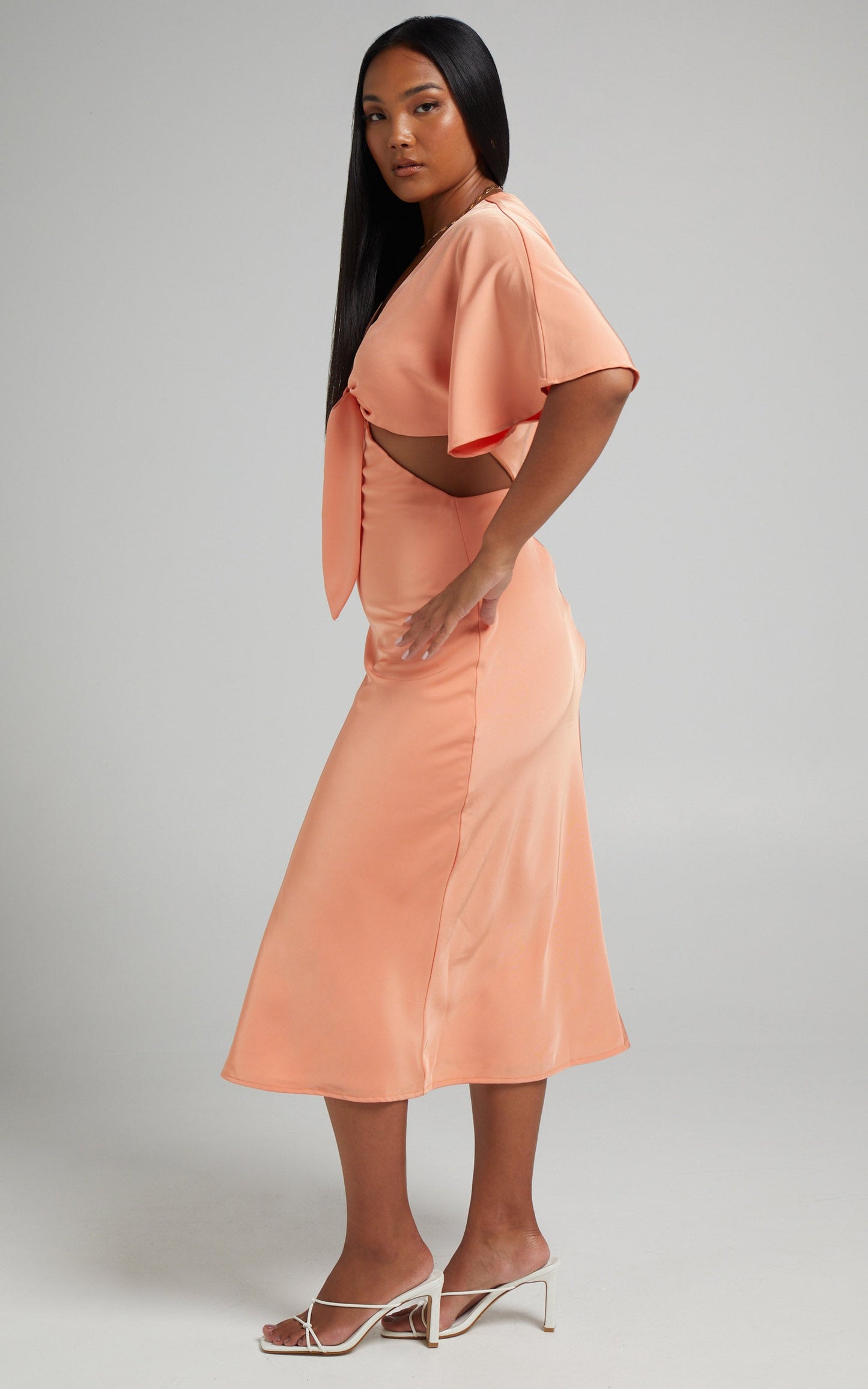 Joja Flutter Sleeve Cut Out Midi Dress in Sherbet Orange