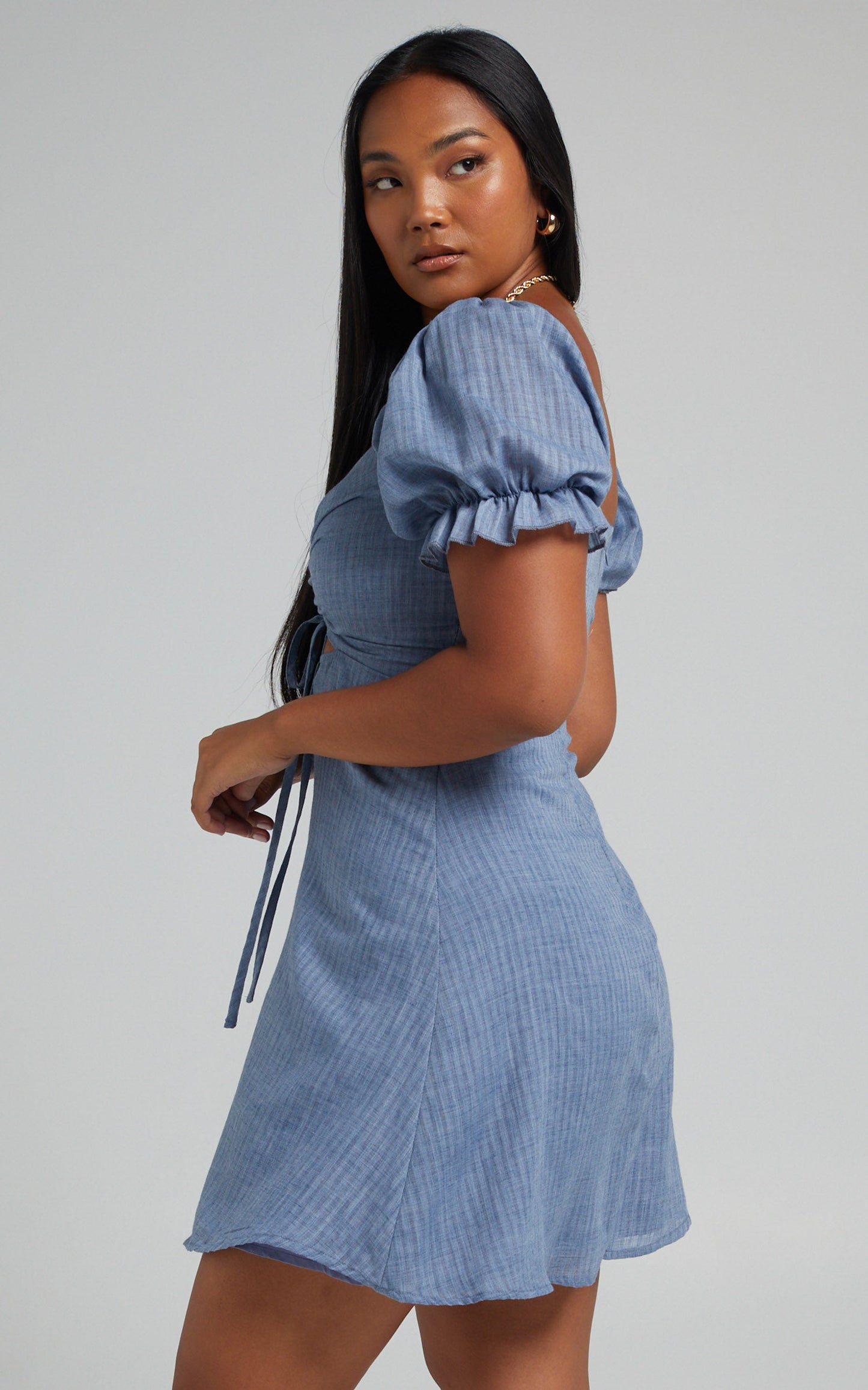 Soft Mention Mini Dress - Puff Sleeve Dress in Navy